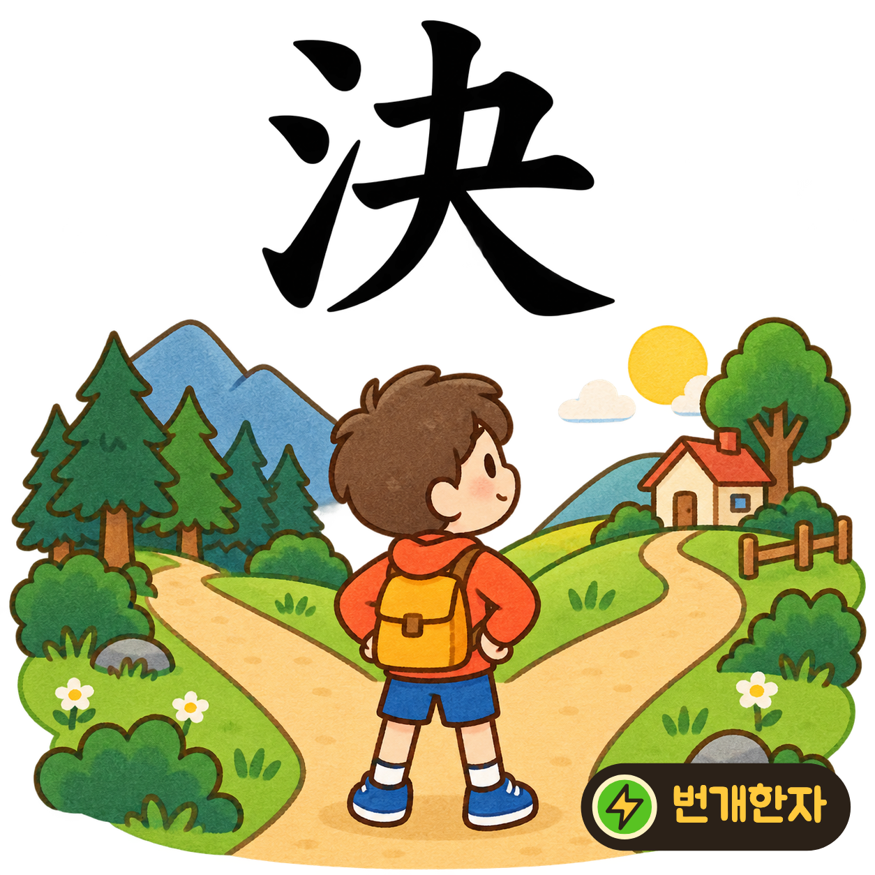 決: 물 모양 氵 옆의 夬가 양쪽으로 뻗어요. 물이 갈림길에서 한쪽으로 흐르기로 결정한다고 상상해요. (기억 그림)