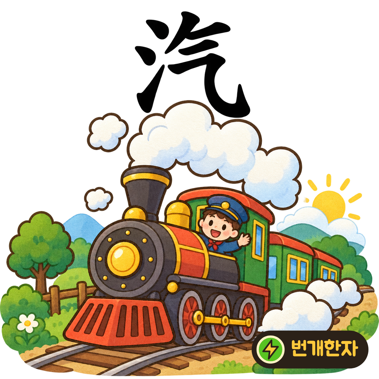 汽: 물 모양 氵 옆에 기운 气가 있어요. 물이 끓어 김이 위로 올라가는 모습이에요. (기억 그림)