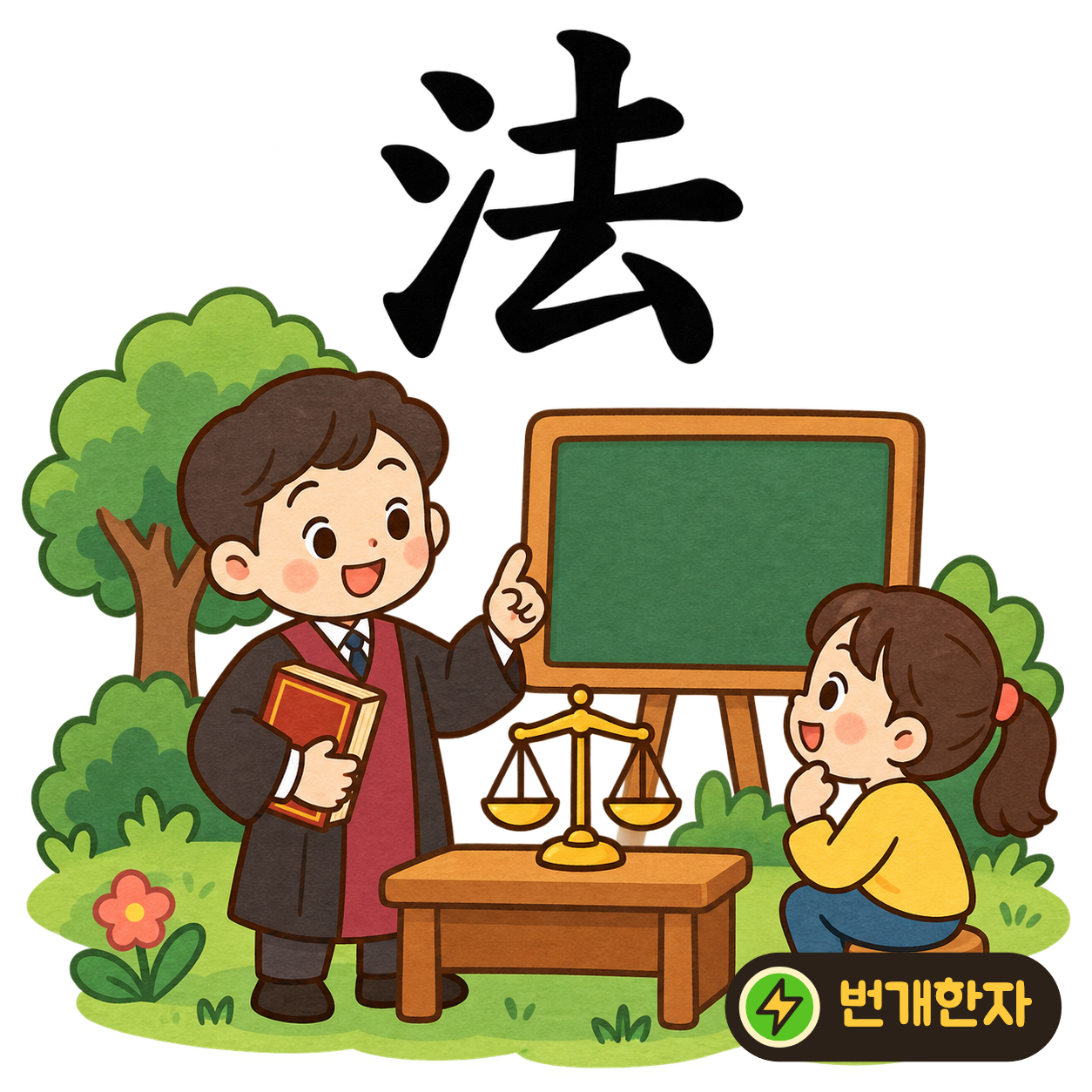 法: 물 모양 氵 옆에 갈 去가 있어요. 물길을 정해진 규칙대로 따라가듯 법을 지킨다고 기억해요. (기억 그림)