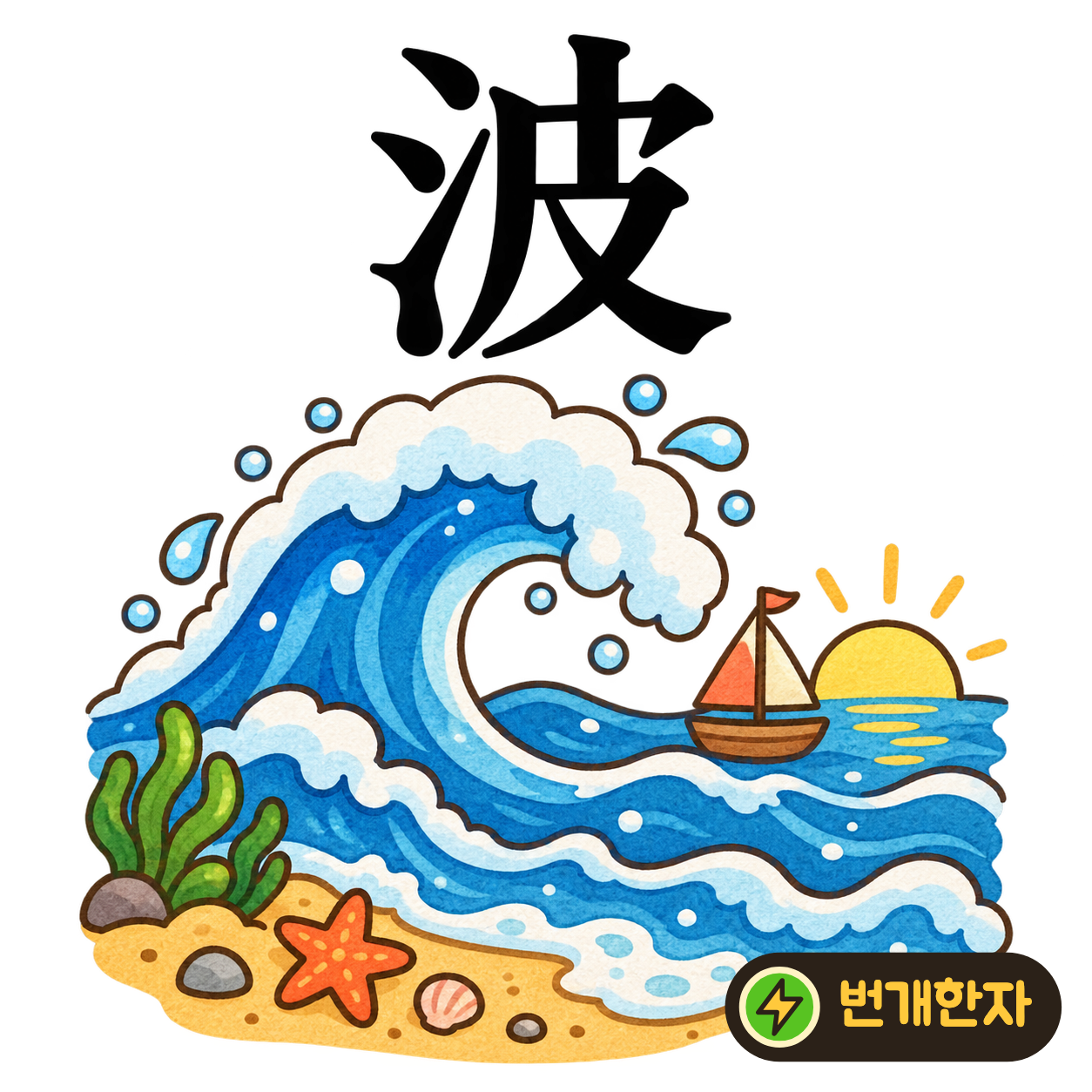 波: 물 모양 氵 옆에 가죽 皮가 있어요. 물의 겉면이 주름처럼 오르내리는 물결을 떠올려요. (기억 그림)