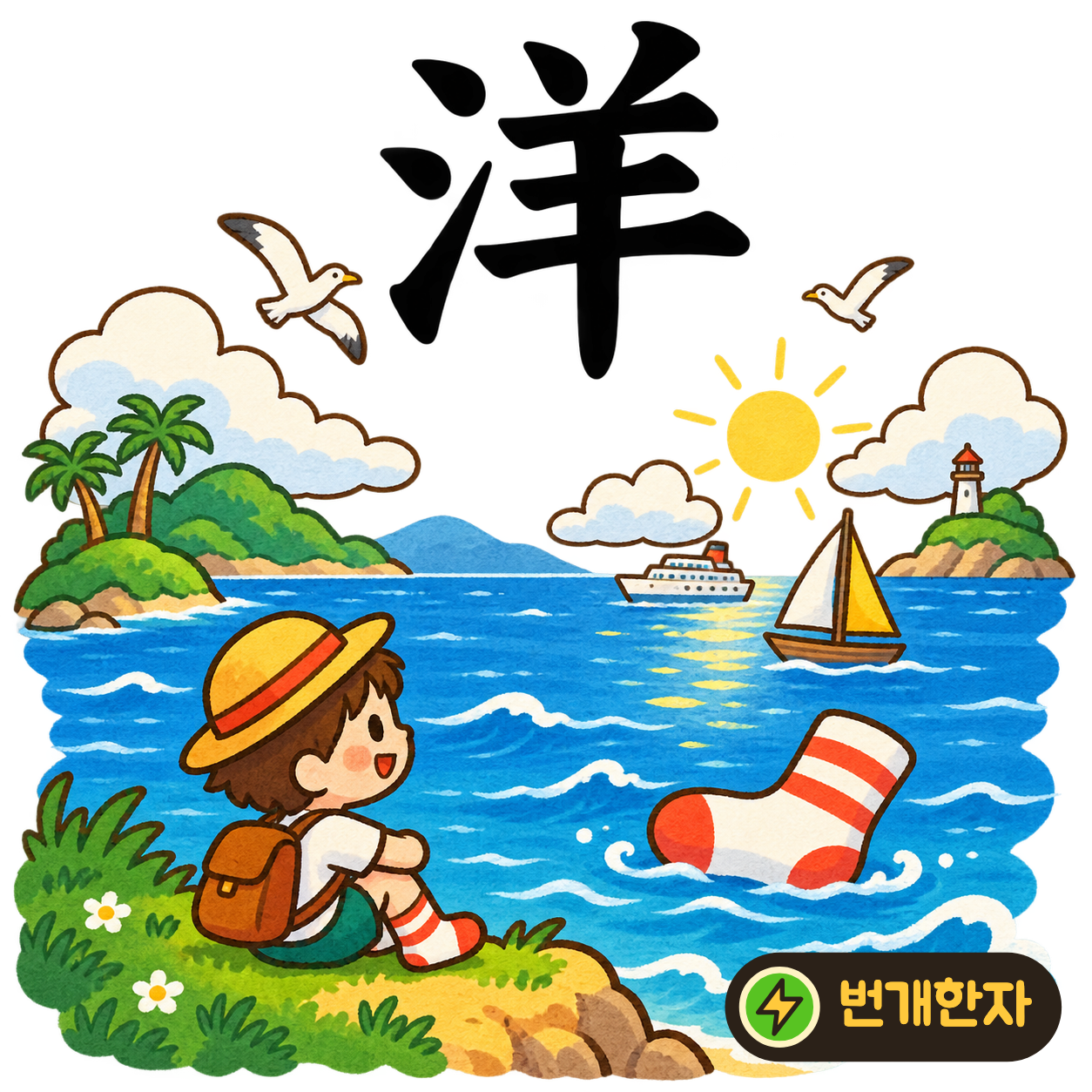 洋: 물 모양 氵 옆에 양 羊이 있어요. 양털 같은 파도가 넓은 바다를 채운다고 상상해요. (기억 그림)