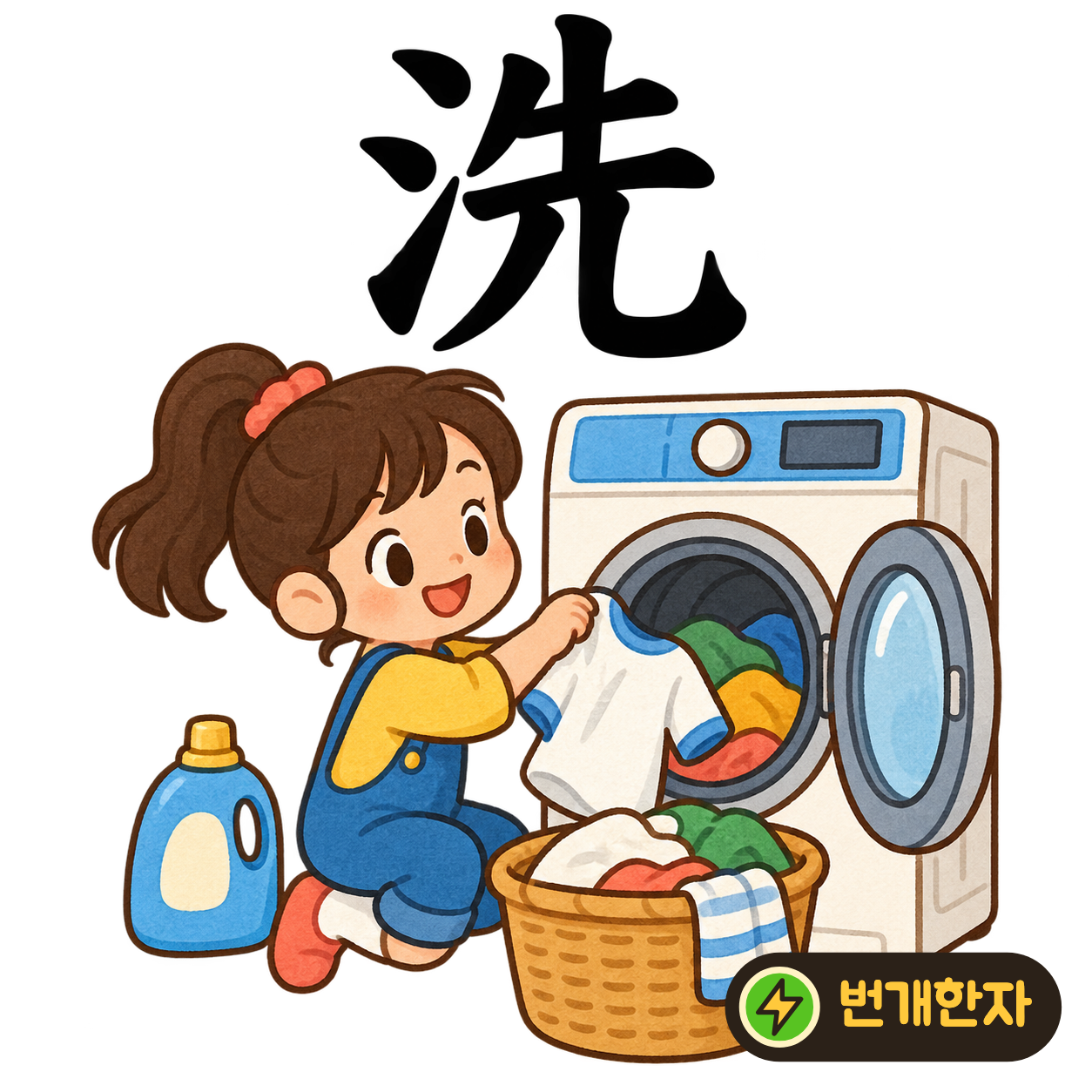 洗: 물 모양 氵 옆에 먼저 先이 있어요. 밥 먹기 전에 먼저 물로 손을 씻어요. (기억 그림)