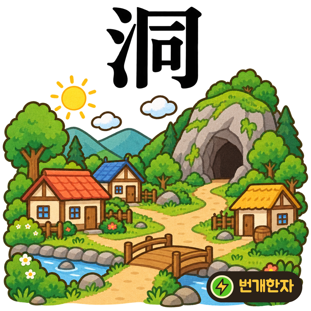 洞: 물 모양 氵 옆에 같을 同이 있어요. 골짜기 안의 물이 같은 곳으로 모이는 모습이에요. (기억 그림)