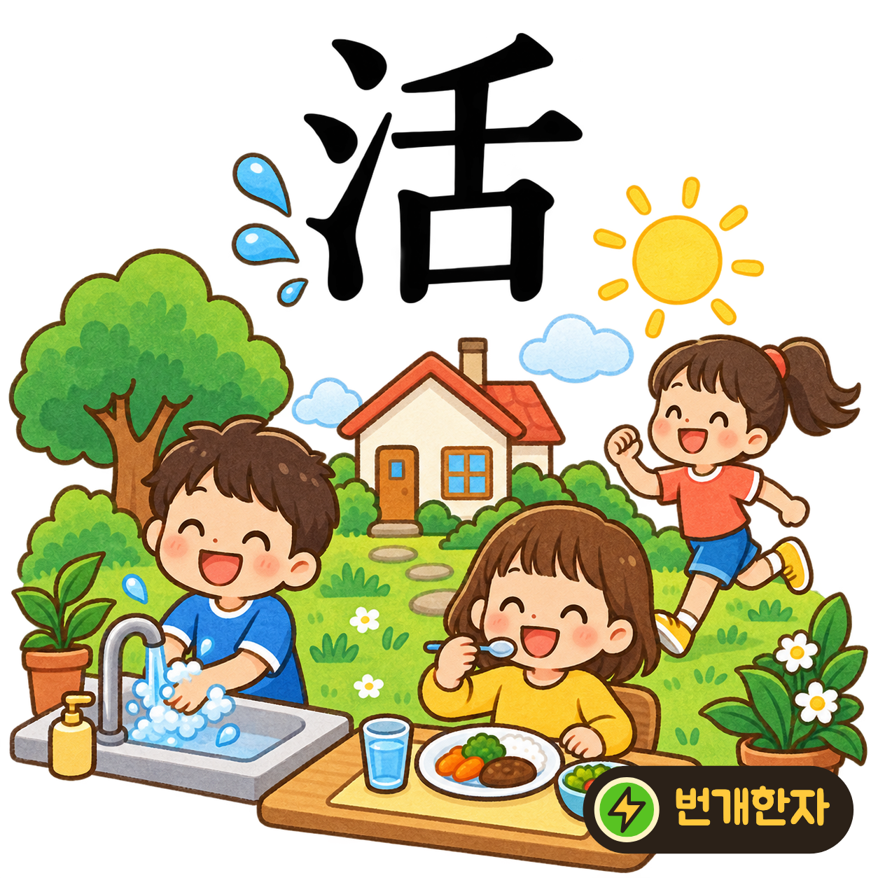 活: 물 모양 氵 옆에 혀 舌이 있어요. 목마를 때 물을 마시고 생기를 되찾는 장면이에요. (기억 그림)