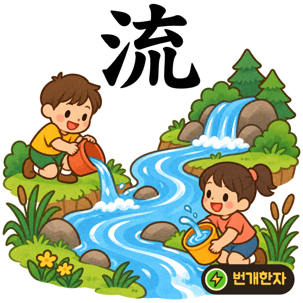 流: 물 모양 氵 옆의 아래에 물줄기 같은 획들이 있어요. 여러 갈래로 물이 흐르는 모습을 떠올려요. (기억 그림)