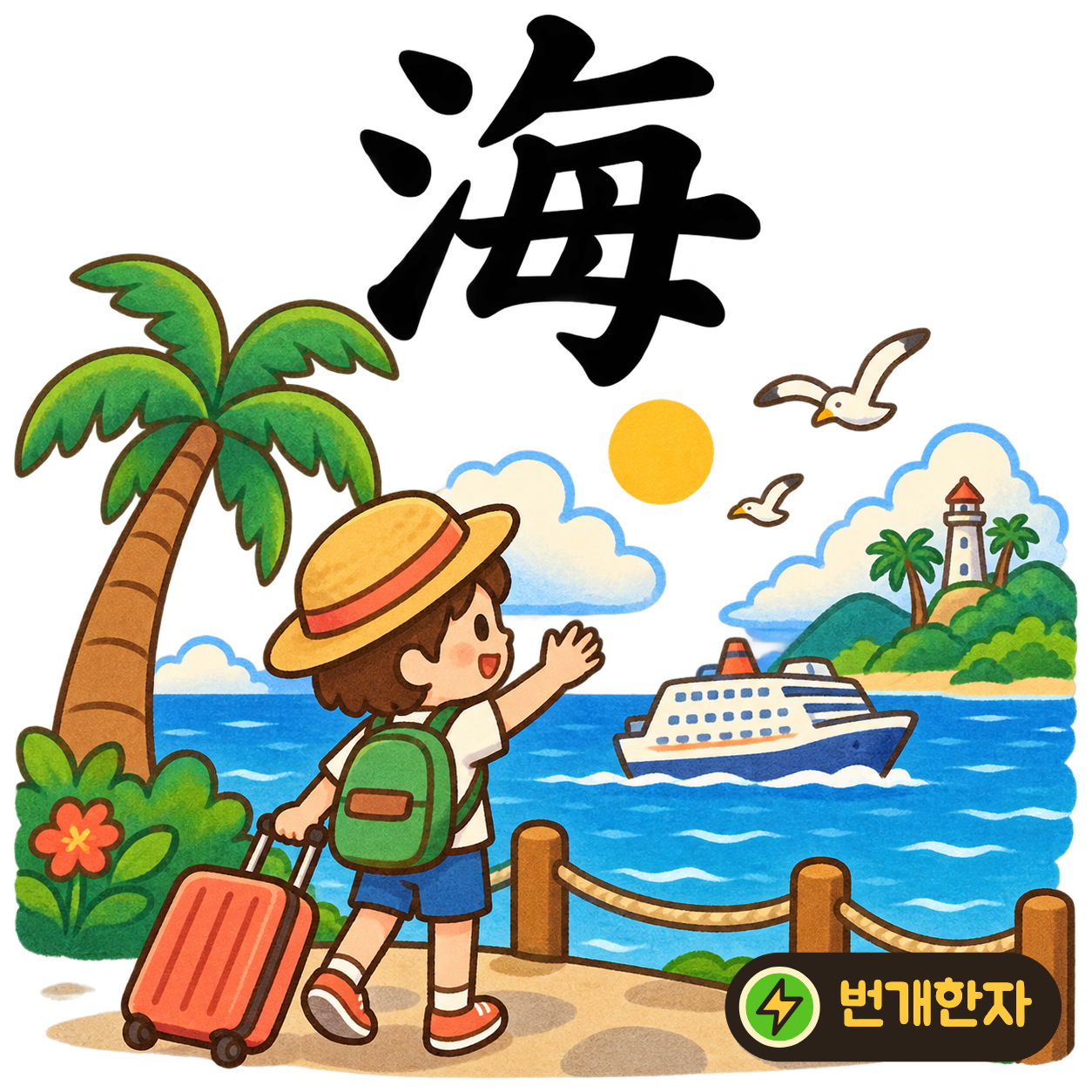 海: 물 모양 氵 옆에 매양 每가 있어요. 매일매일 파도가 밀려오는 바다를 떠올려요. (기억 그림)