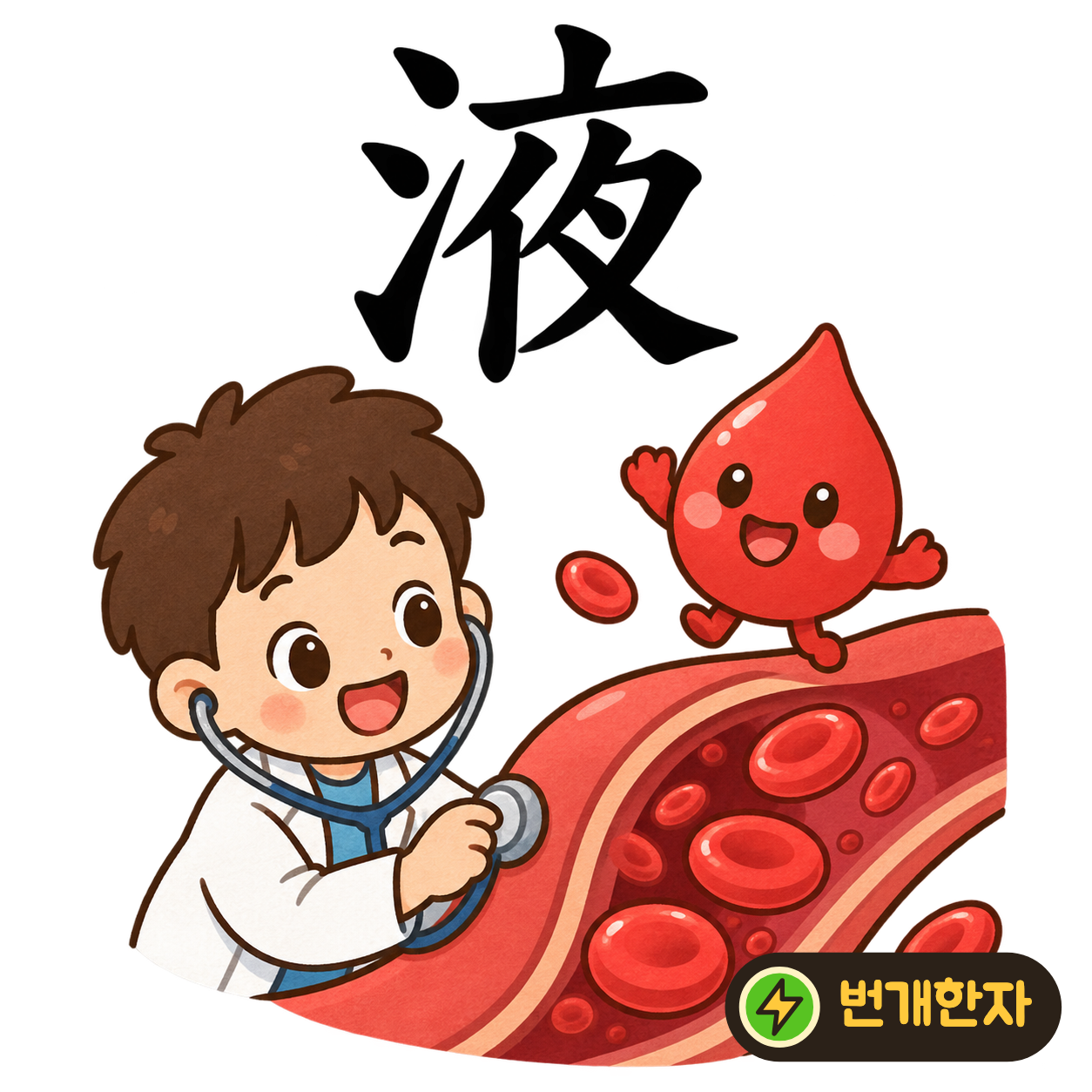 液: 물 모양 氵 옆에 밤 夜가 있어요. 밤사이 잎에 액체인 이슬이 맺히는 장면이에요. (기억 그림)