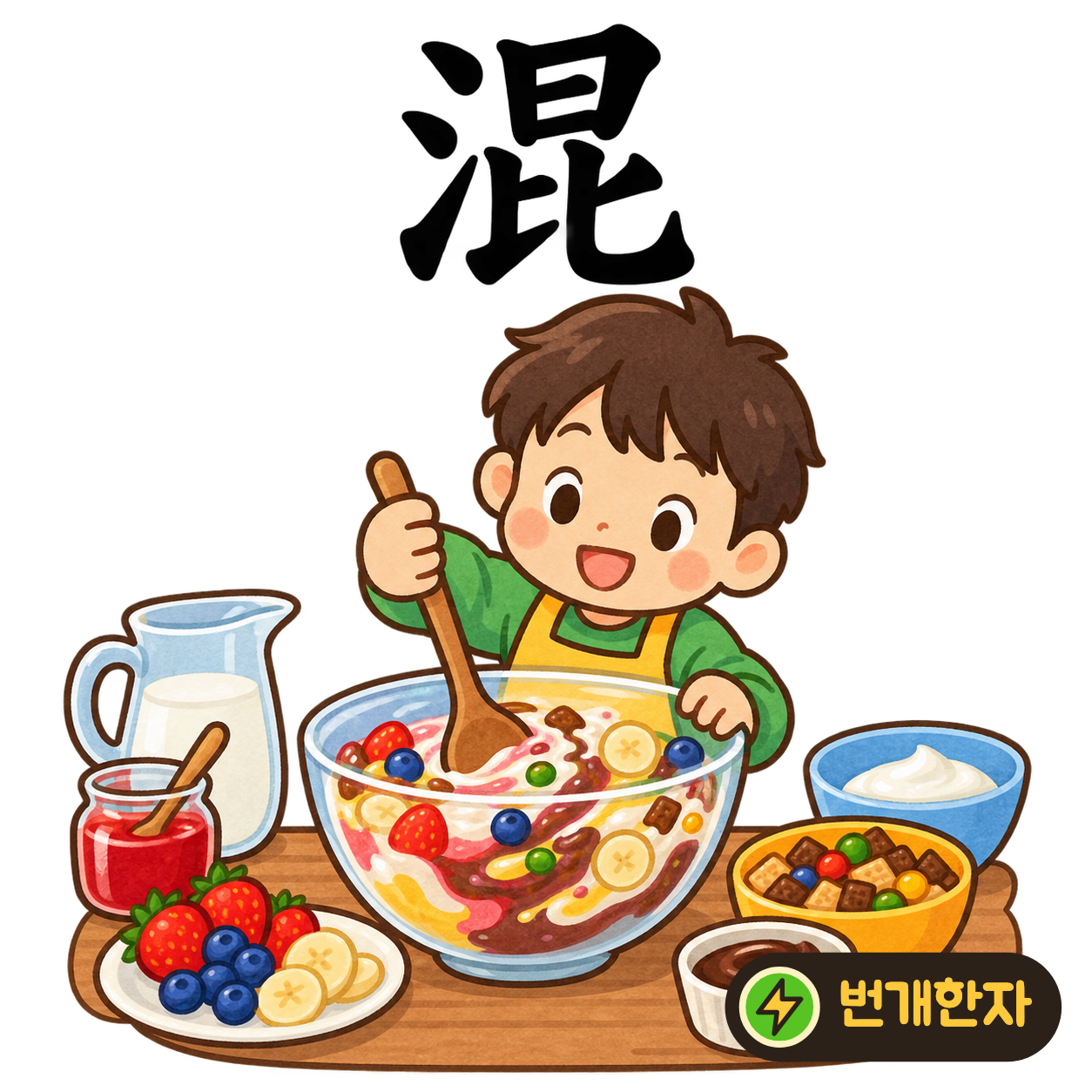混: 물 모양 氵 옆에 昆이 있어요. 물속의 여러 재료가 나란히 모여 섞이는 모습을 상상해요. (기억 그림)