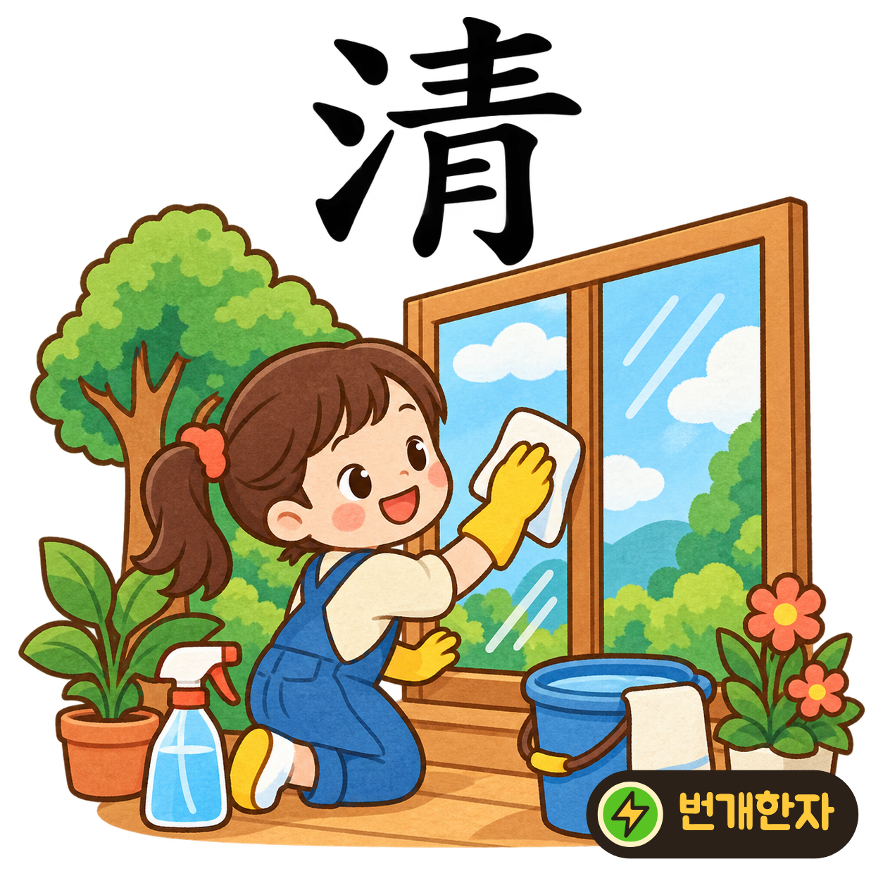 淸: 물 모양 氵 옆에 푸를 靑이 있어요. 푸른 하늘이 비칠 만큼 맑은 물을 떠올려요. (기억 그림)