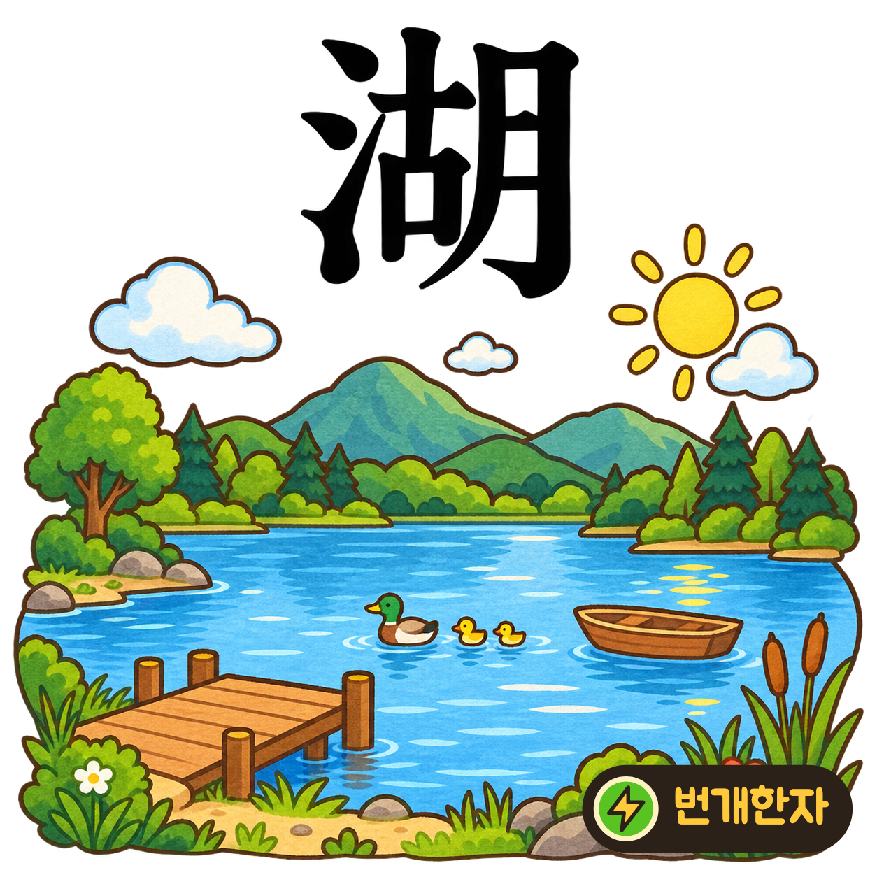 湖: 물 모양 氵 옆에 古와 月이 있어요. 오래된 호수에 달이 비치는 모습을 상상해요. (기억 그림)