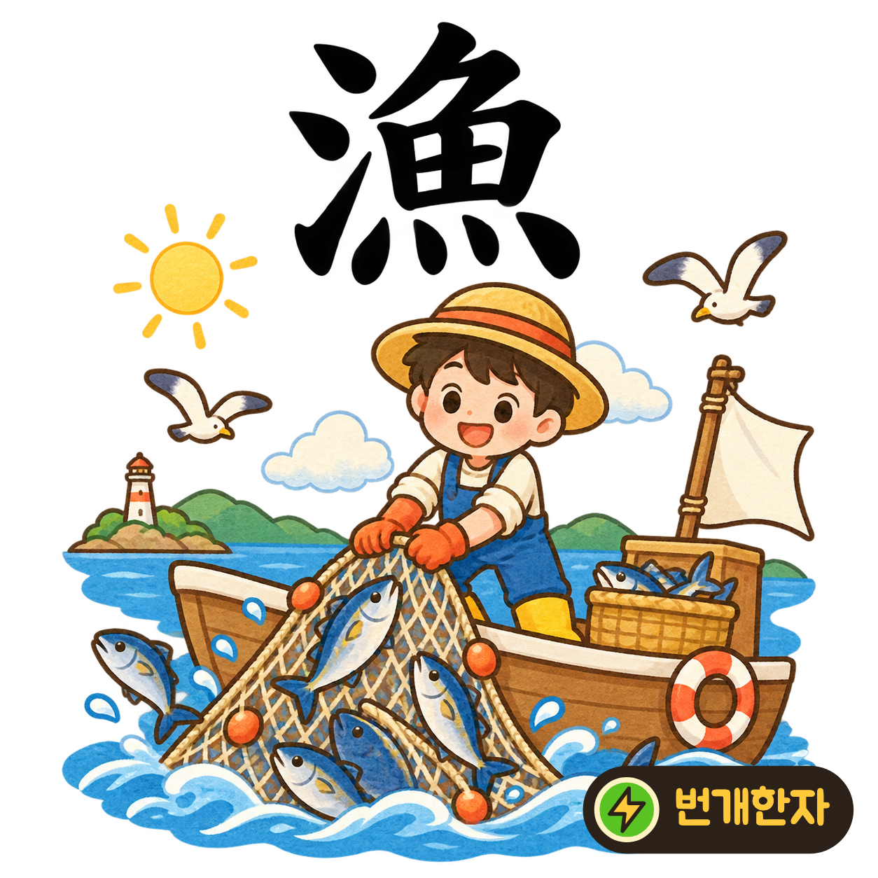 漁: 물 모양 氵 옆에 물고기 魚가 있어요. 물속의 물고기를 잡는 모습을 떠올려요. (기억 그림)