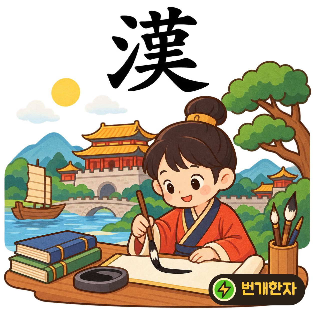 漢: 물 모양 氵 옆에 많은 획이 모여 있어요. 큰 강가에 많은 사람이 모여 한 나라를 이룬다고 상상해요. (기억 그림)