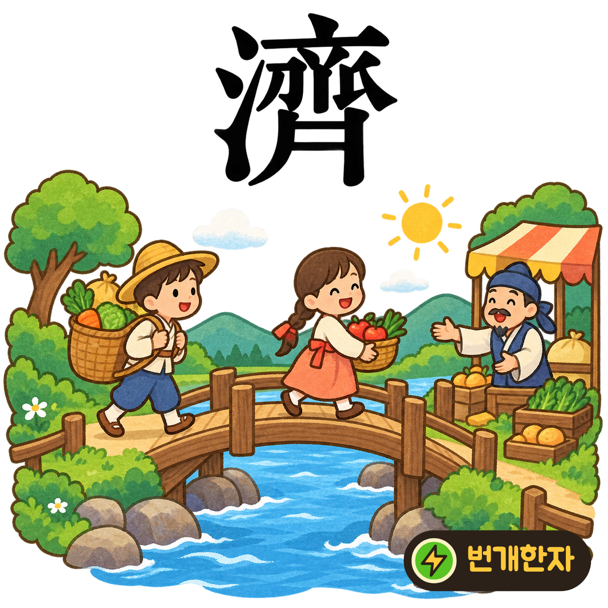 濟: 물 모양 氵 옆에 가지런할 齊가 있어요. 물을 건너려는 사람들이 가지런히 줄을 서요. (기억 그림)