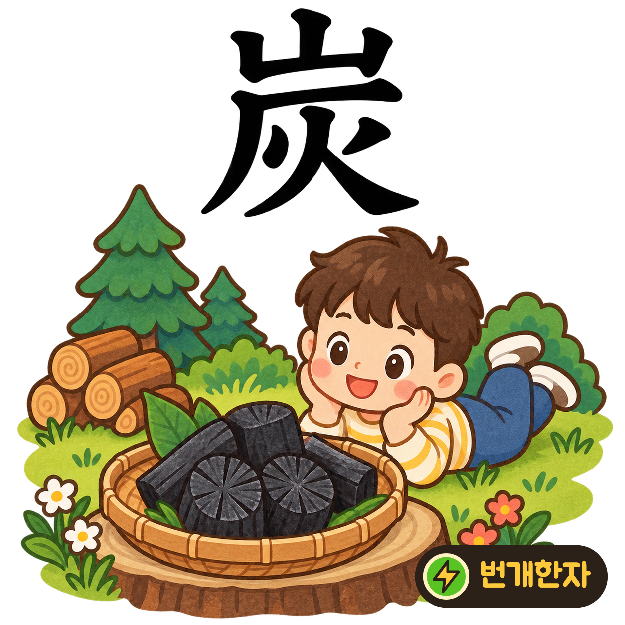 炭: 산 山 아래에 厂과 불 火가 있어요. 산에서 가져온 나무가 불을 거쳐 검은 숯이 되는 장면이에요. (기억 그림)