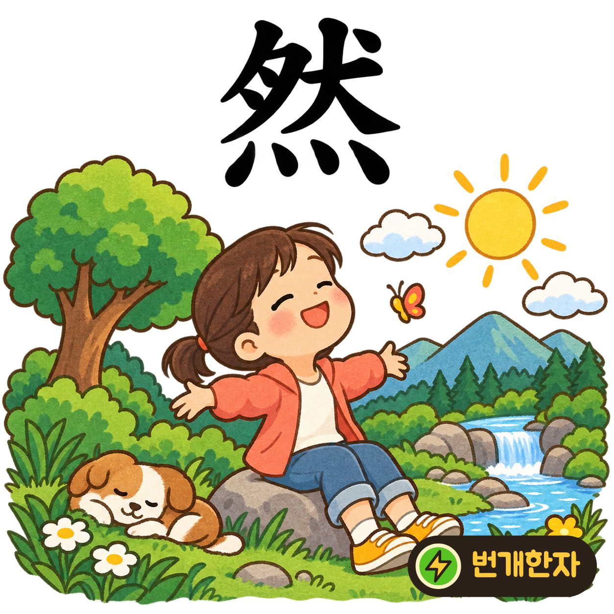然: 윗부분 아래에 불 모양 灬가 있어요. 불을 보며 ‘그래, 저렇게 따뜻해지는 거야’라고 고개를 끄덕여요. (기억 그림)