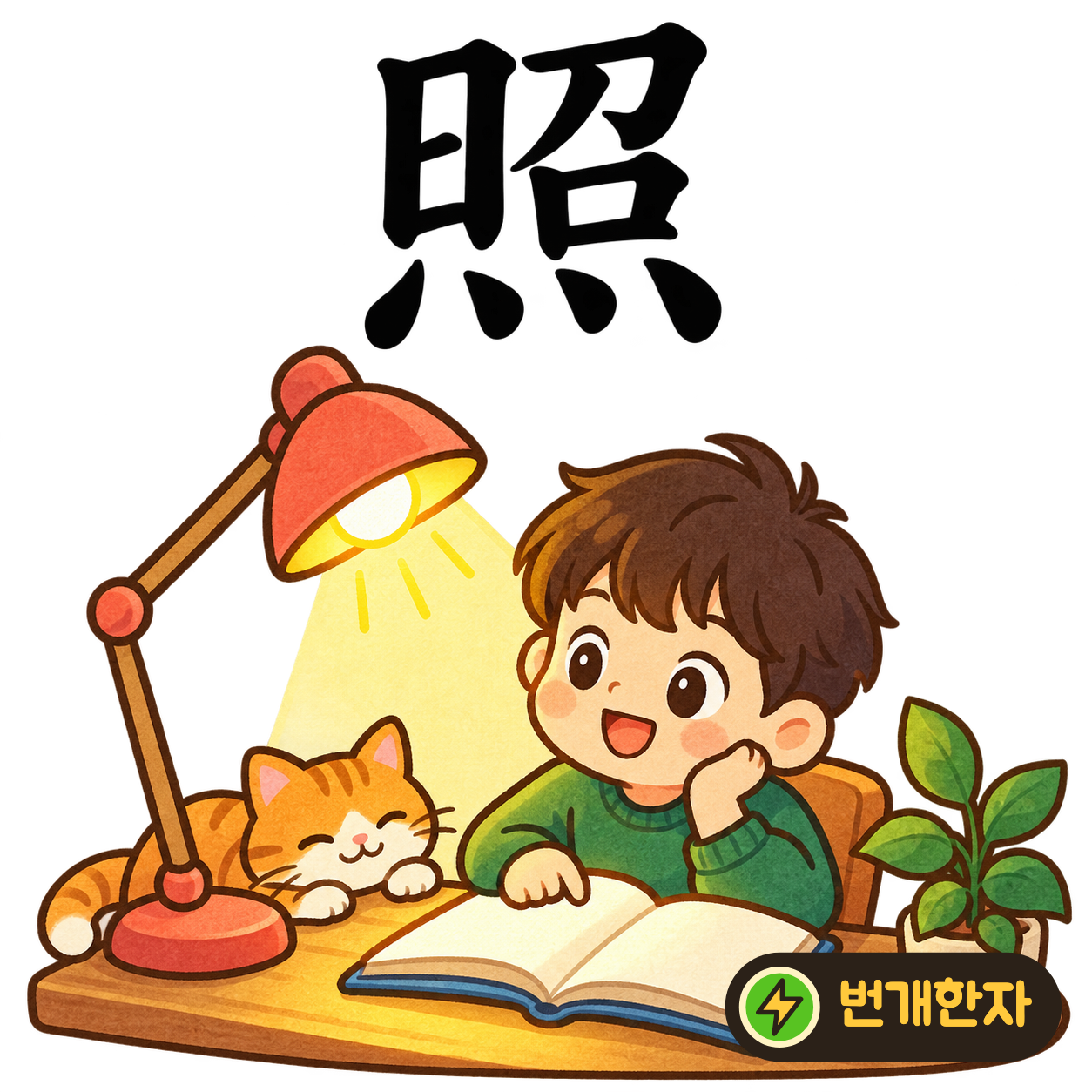 照: 밝을 昭 아래에 불 모양 灬가 있어요. 아래에서 불빛이 환하게 비추는 모습을 떠올려요. (기억 그림)