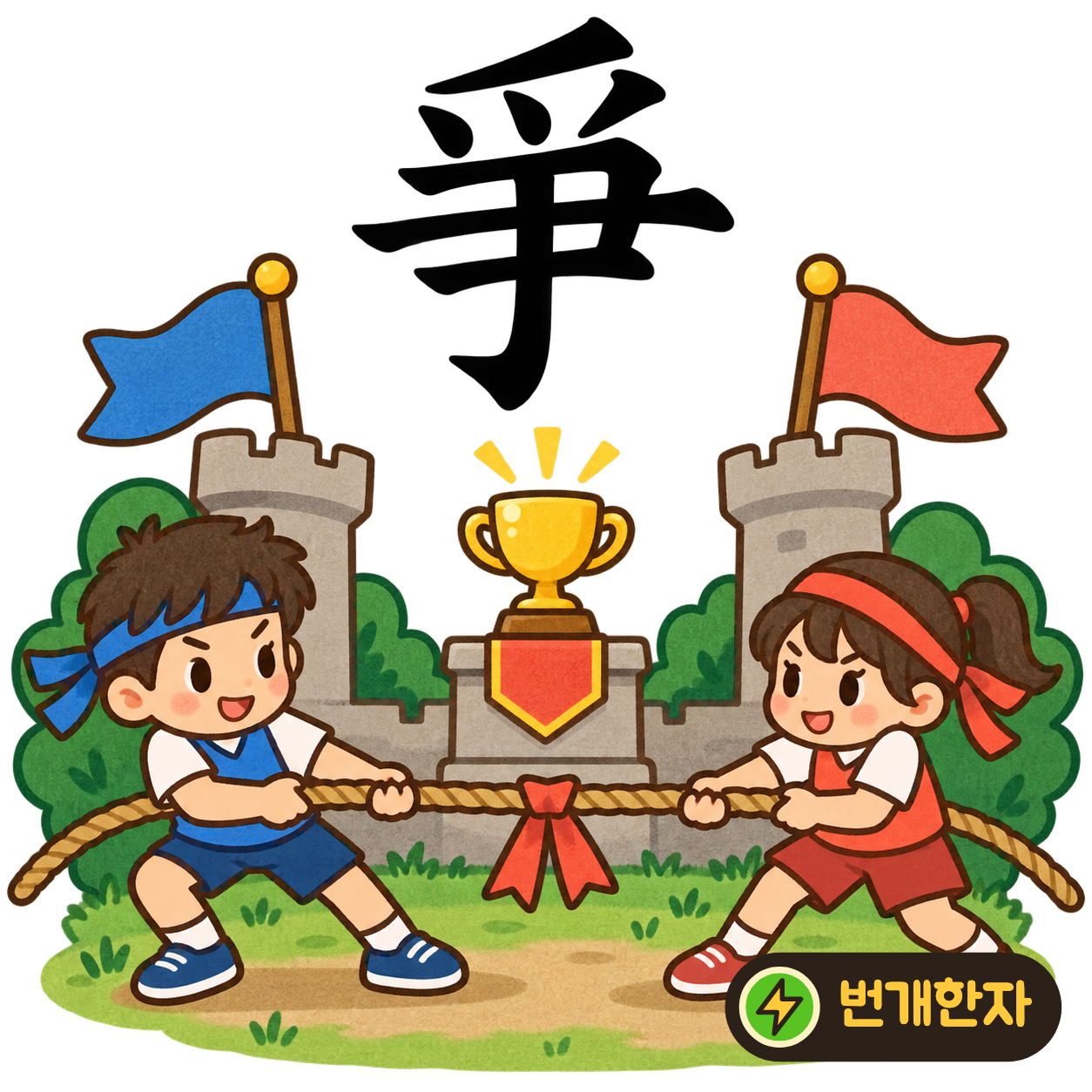 爭: 가운데 세로획을 여러 가로획이 붙잡는 듯 보여요. 하나의 물건을 서로 잡으려 다투는 모습을 상상해요. (기억 그림)