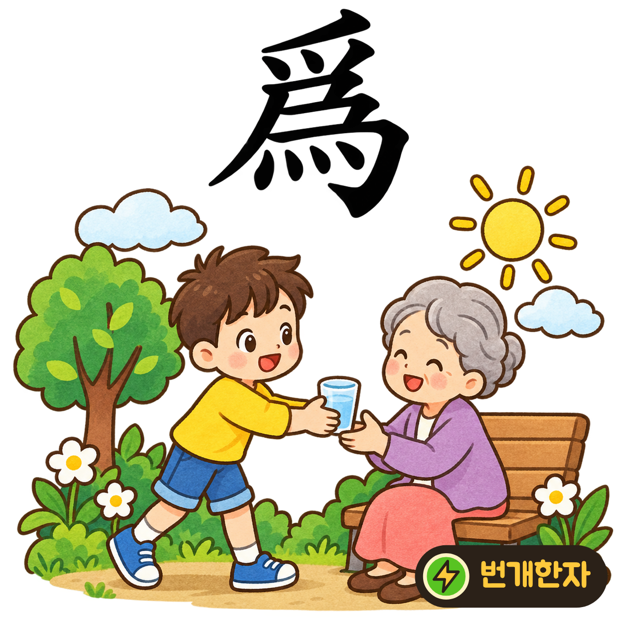 爲: 여러 굽은 획 아래에 작은 점 네 개가 있어요. 손발을 부지런히 움직여 무언가 하는 모습을 상상해요. (기억 그림)