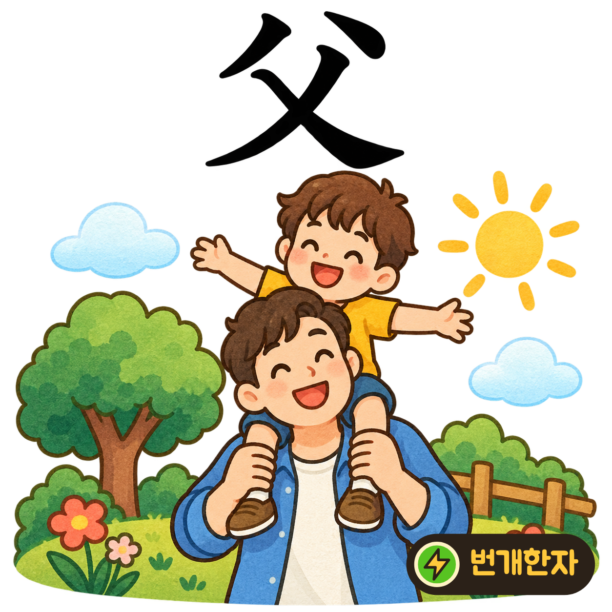 父: 위의 두 획 아래에서 긴 획 둘이 엇갈려요. 두 팔을 움직여 일을 돕는 아버지를 떠올려요. (기억 그림)
