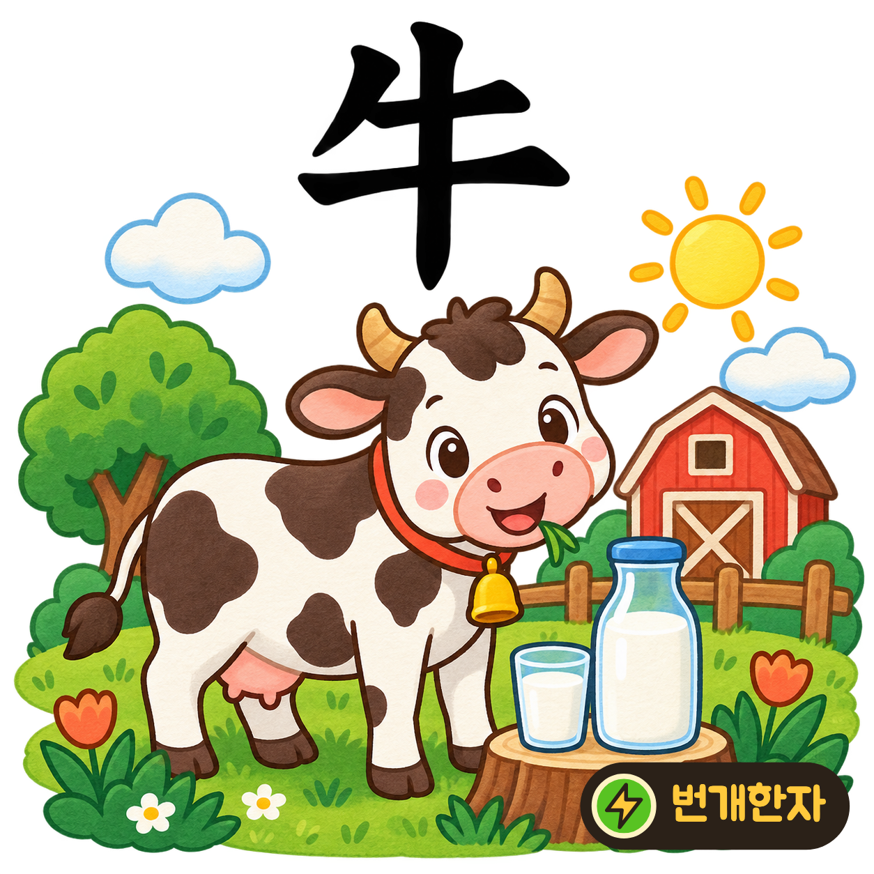 牛: 가운데 세로획 위쪽으로 짧은 획이 뻗어요. 뿔을 세우고 서 있는 소를 떠올려요. (기억 그림)