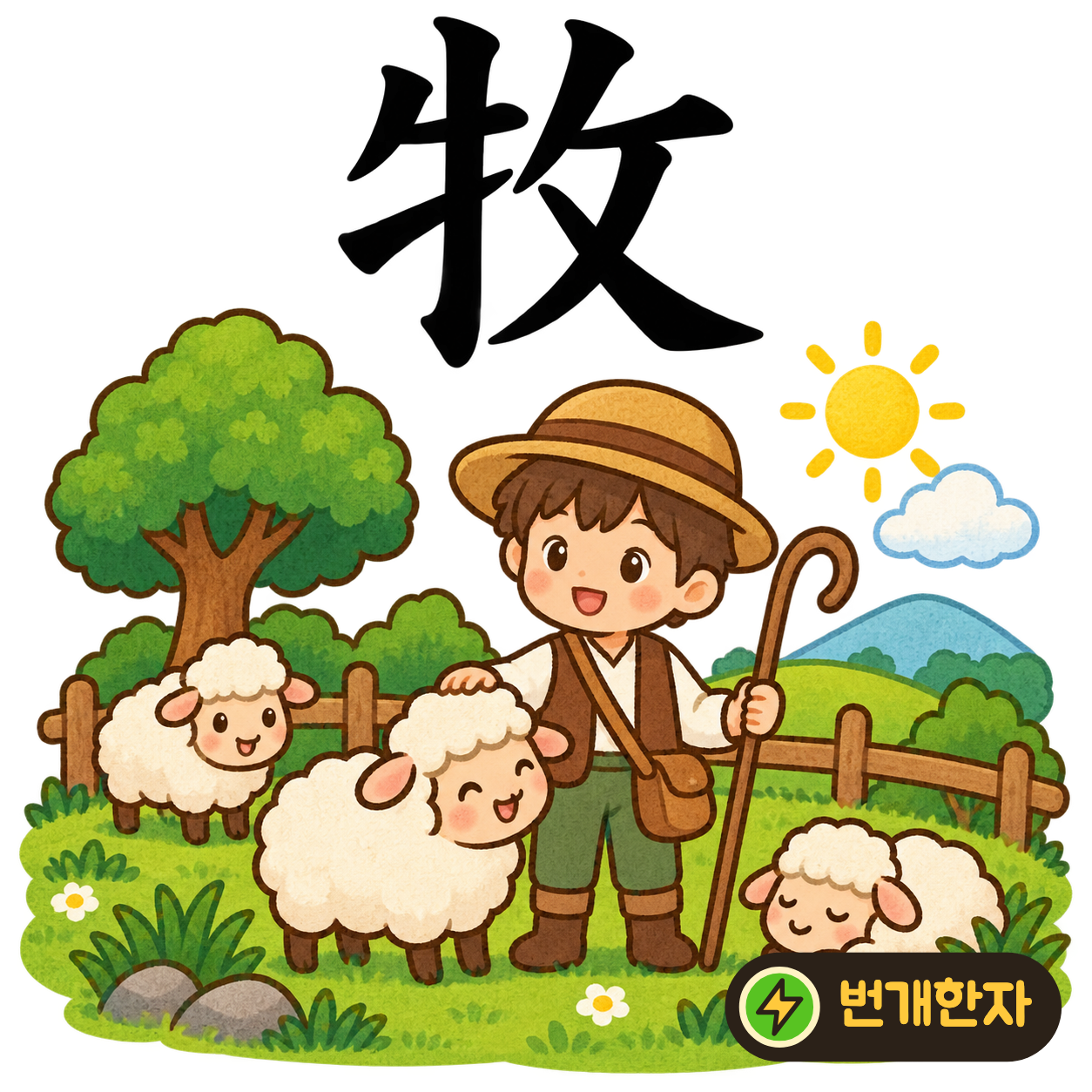 牧: 소 牛 옆에 攵이 있어요. 소를 돌보고 풀밭으로 이끌어 기르는 모습이에요. (기억 그림)