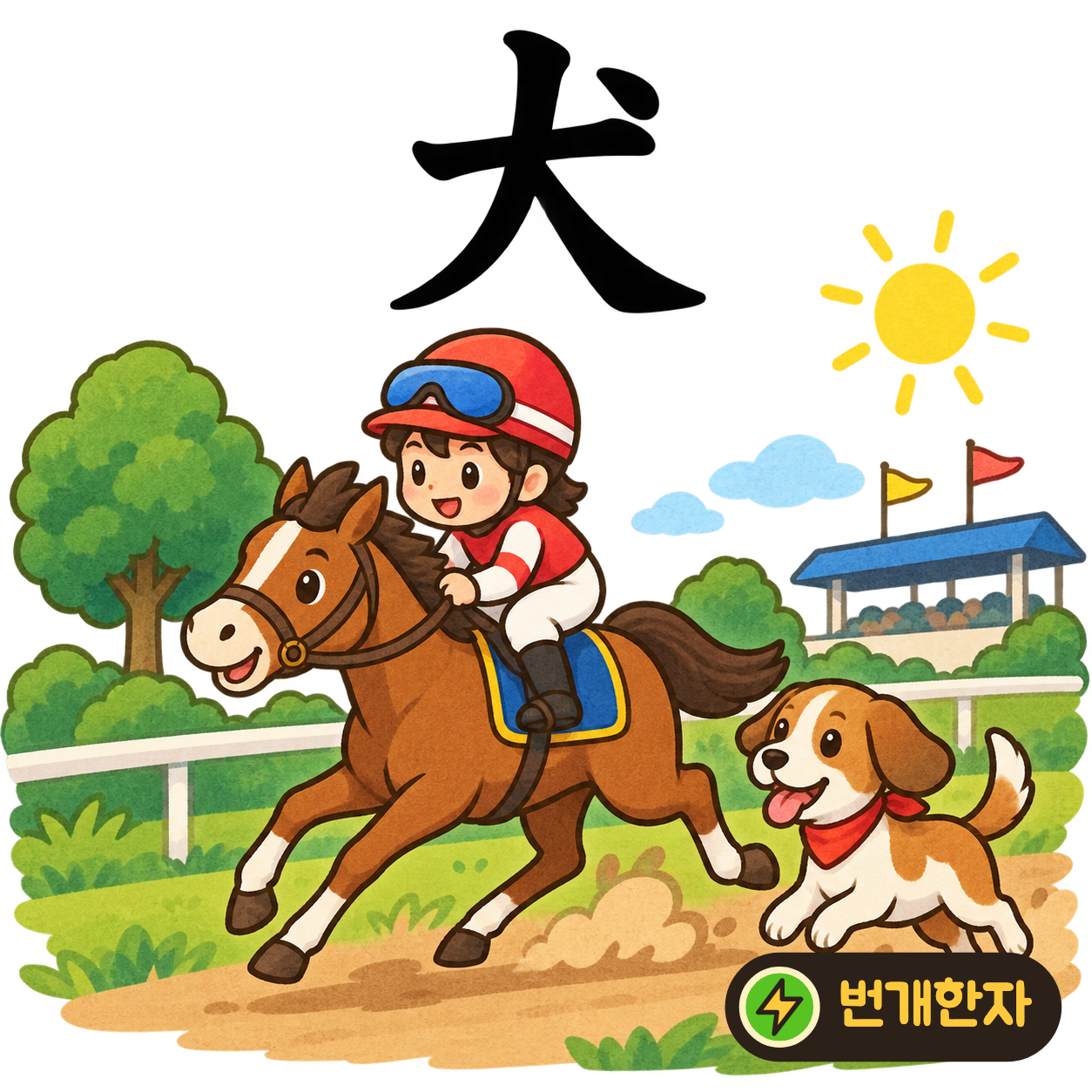 犬: 큰 大의 오른쪽 위에 점 하나가 있어요. 점을 작은 귀로 삼아 두 발을 벌린 개를 상상해요. (기억 그림)