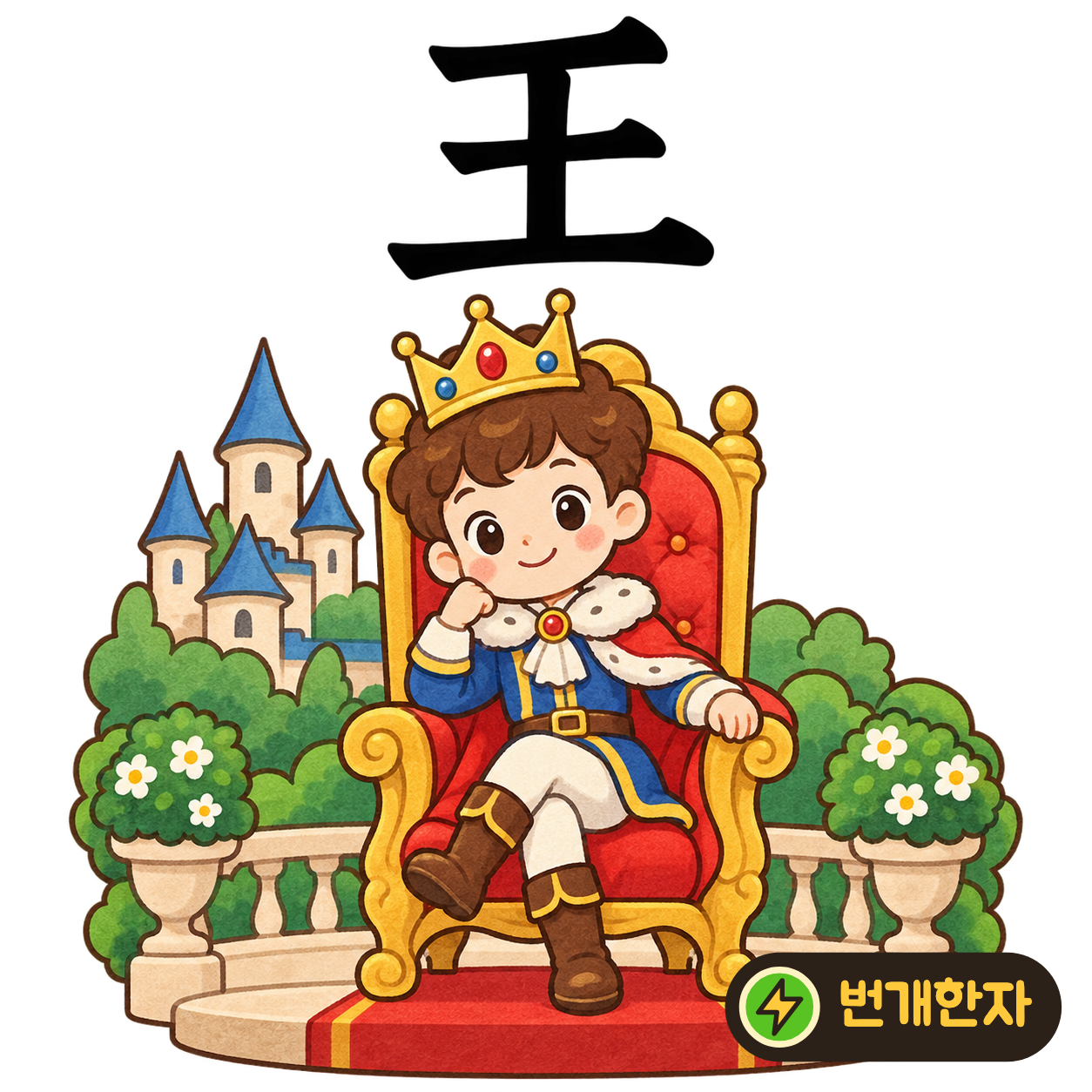 王: 가로획 세 개를 세로획 하나가 이어 줘요. 여러 사람을 하나로 이끄는 임금의 표지로 상상해요. (기억 그림)