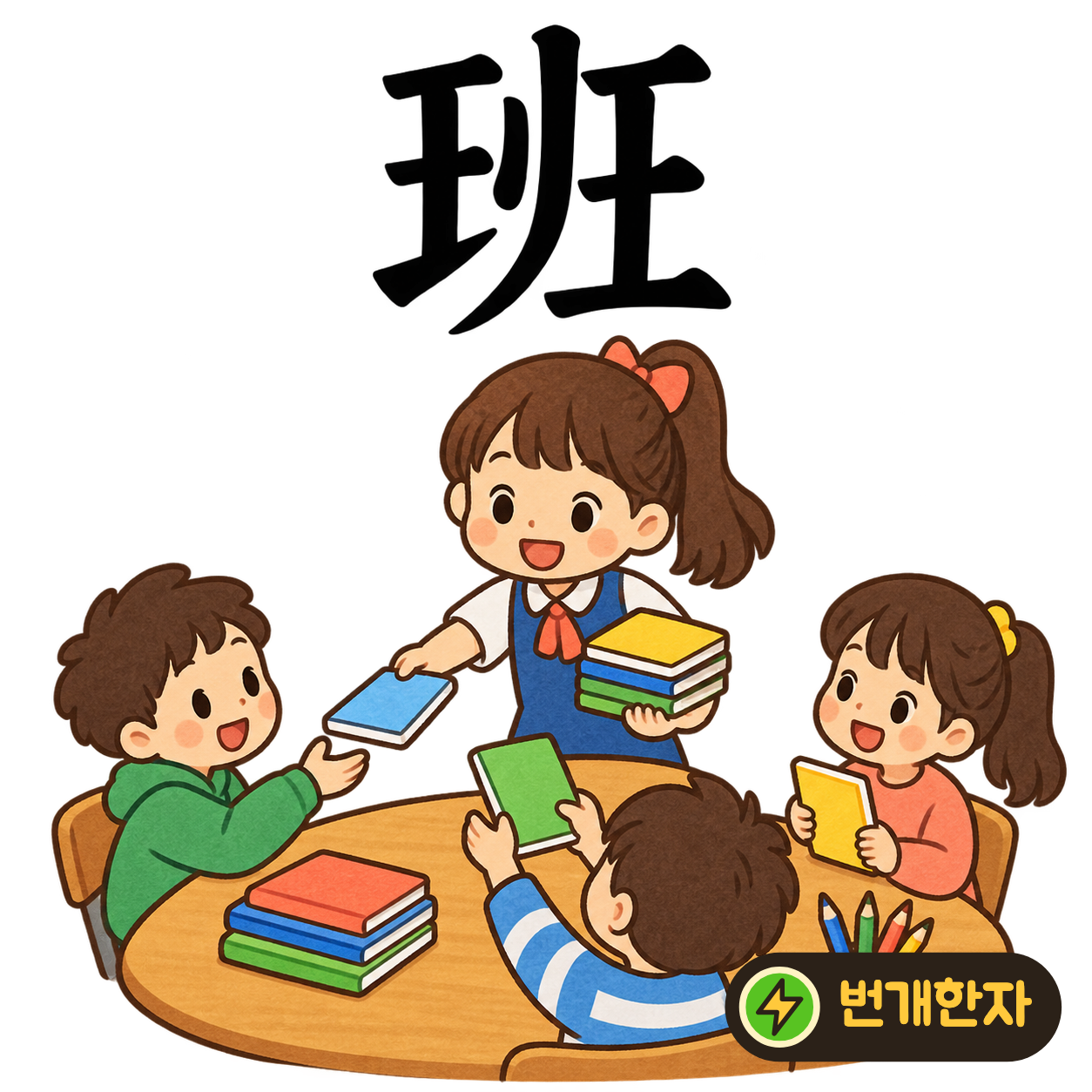 班: 구슬을 닮은 王 모양 둘 사이에 刂처럼 보이는 획이 있어요. 구슬을 두 무리로 나누는 장면을 상상해요. (기억 그림)