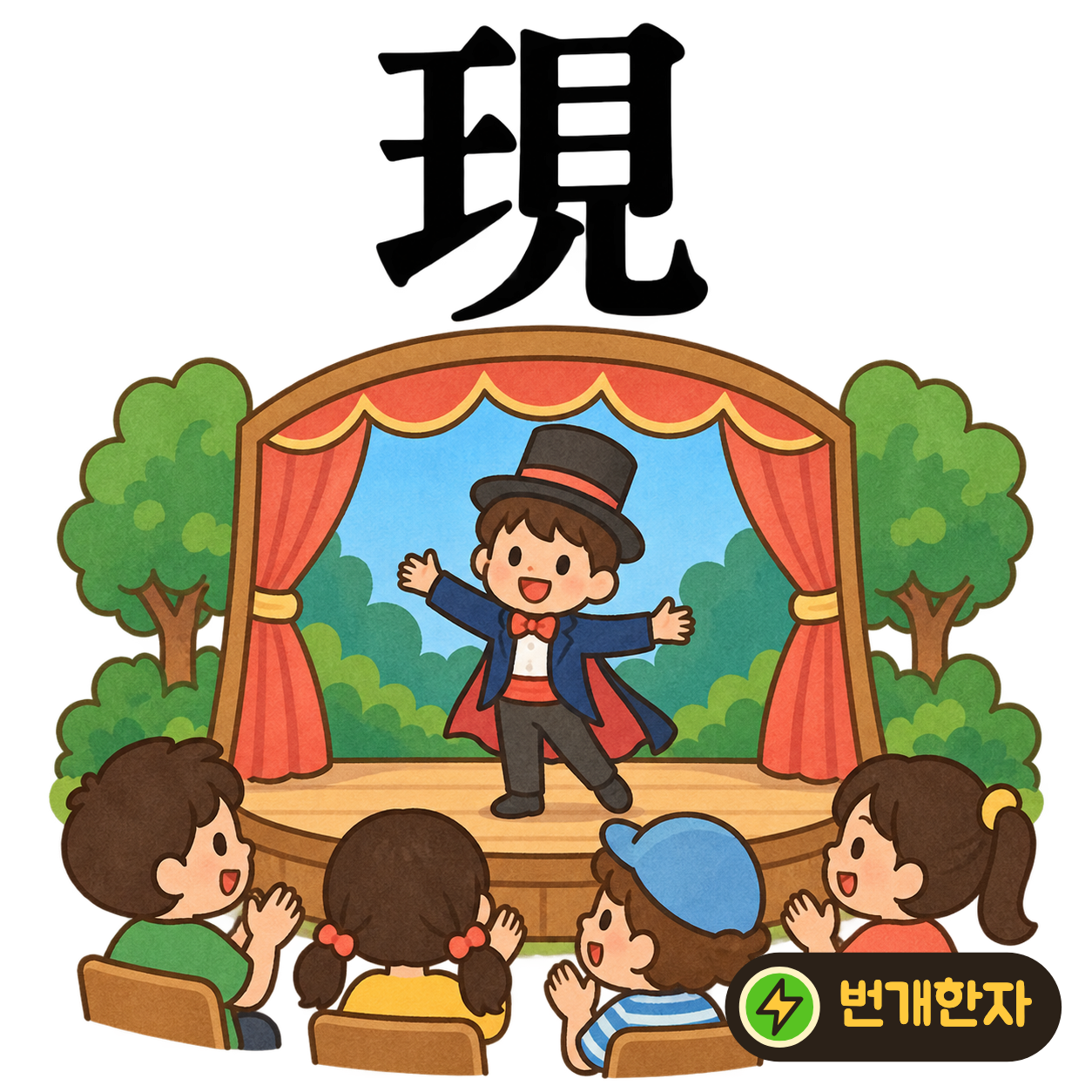 現: 구슬 모양 王 옆에 볼 見이 있어요. 숨겨 둔 구슬이 눈앞에 나타나는 모습이에요. (기억 그림)