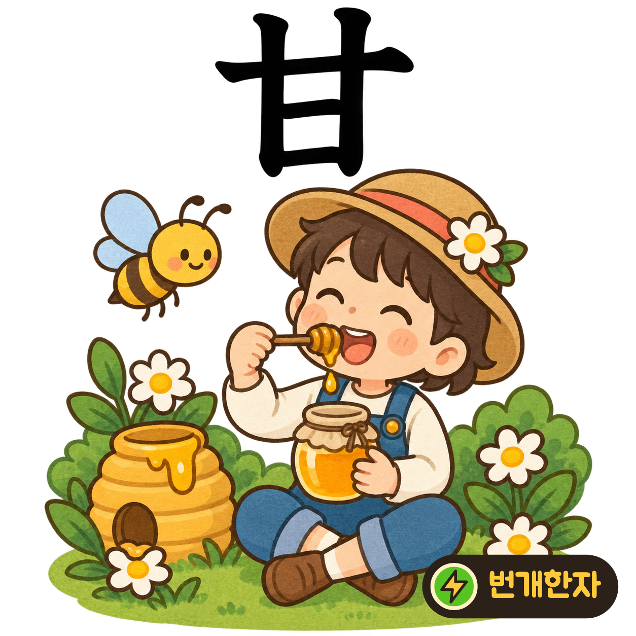 甘: 그릇처럼 둘러진 모양 안에 짧은 가로획이 있어요. 입 안에 달콤한 한 조각이 놓인다고 상상해요. (기억 그림)