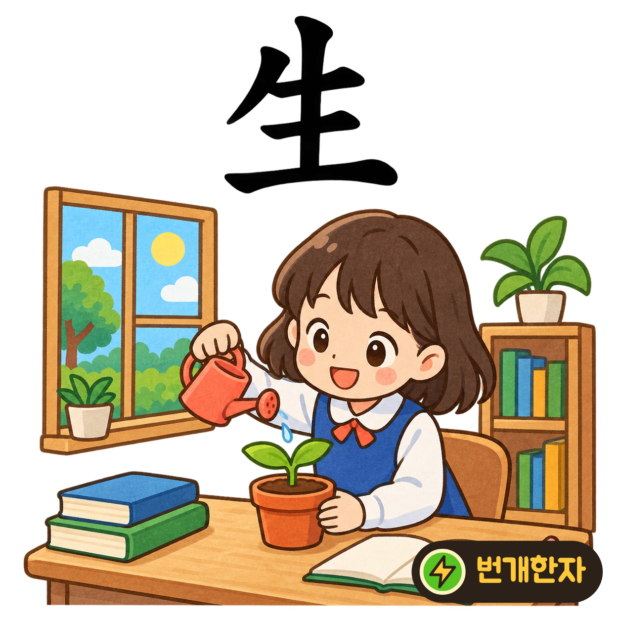生: 여러 가로획 사이에서 세로획이 위로 솟아요. 땅을 뚫고 새싹이 태어나 자라는 모습을 떠올려요. (기억 그림)