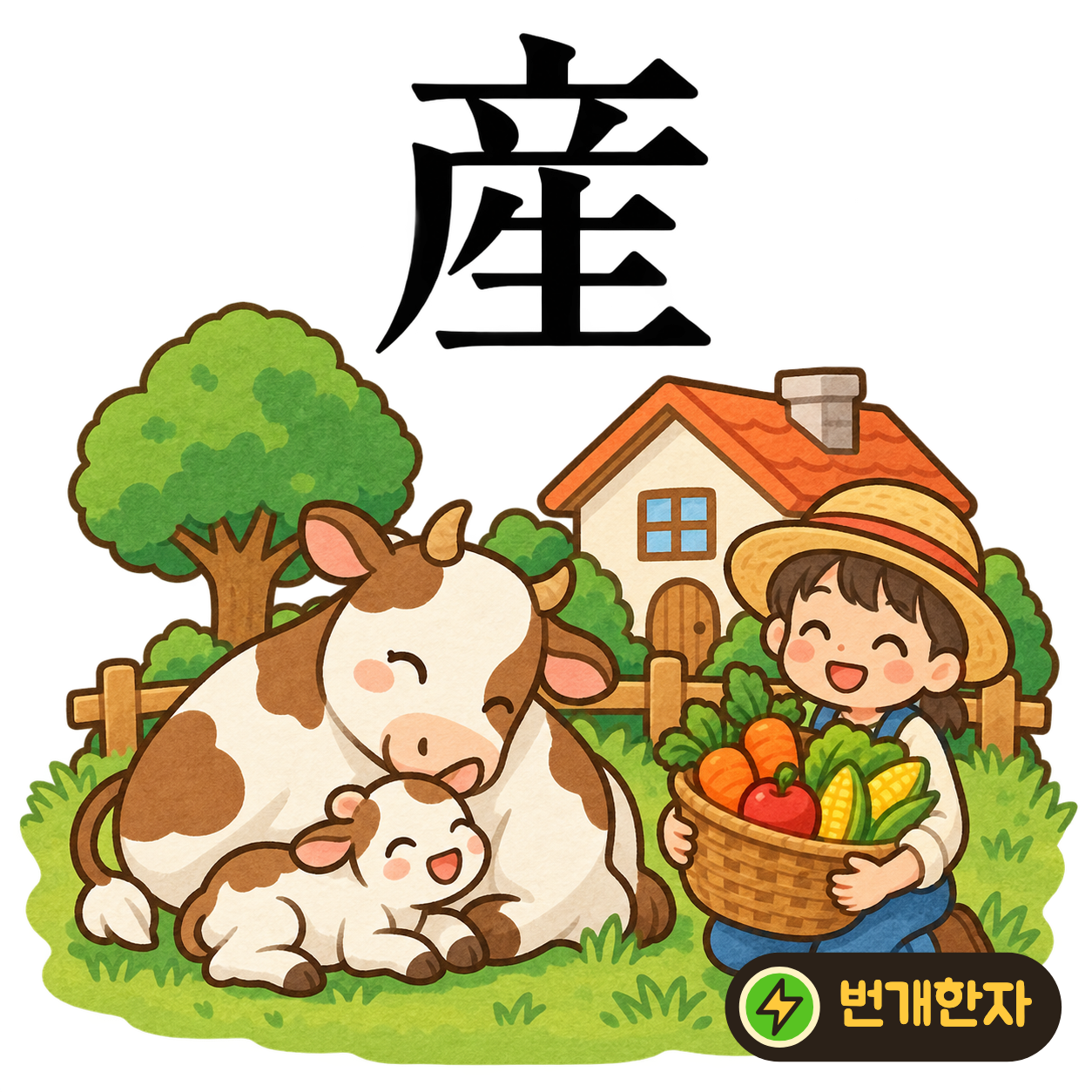 産: 윗부분의 덮개 아래에 날 生이 있어요. 아늑한 곳에서 새로운 생명이 태어나는 장면이에요. (기억 그림)