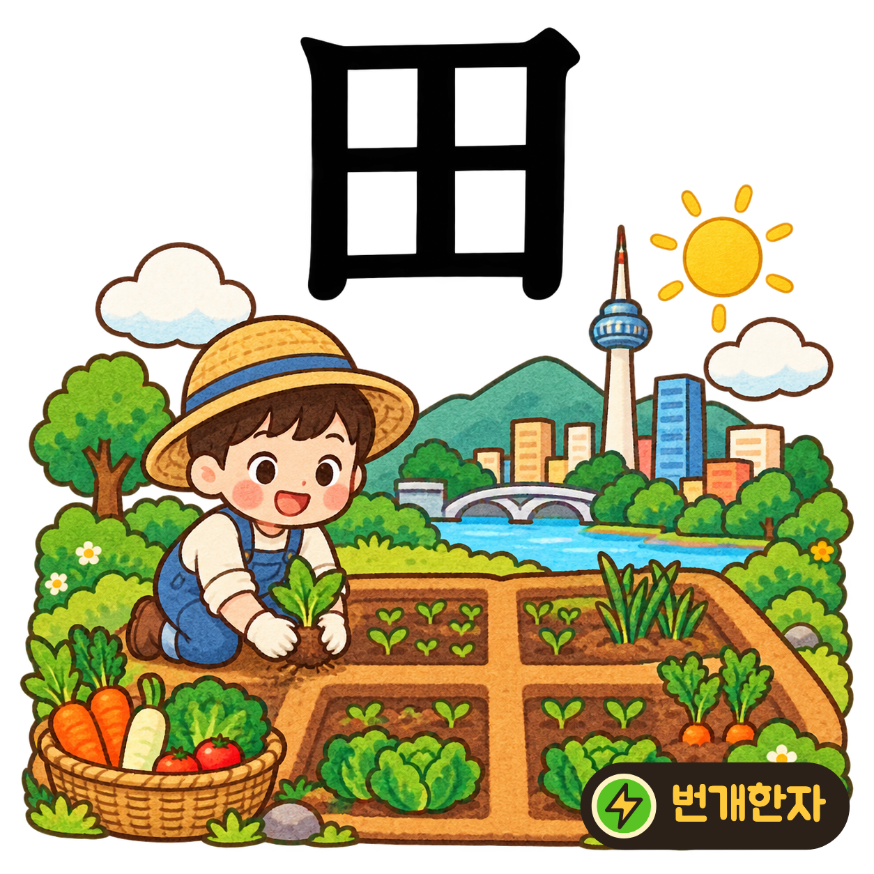 田: 큰 네모 안이 십자 모양으로 나뉘어 있어요. 논밭을 네 구역으로 나눈 모습을 떠올려요. (기억 그림)
