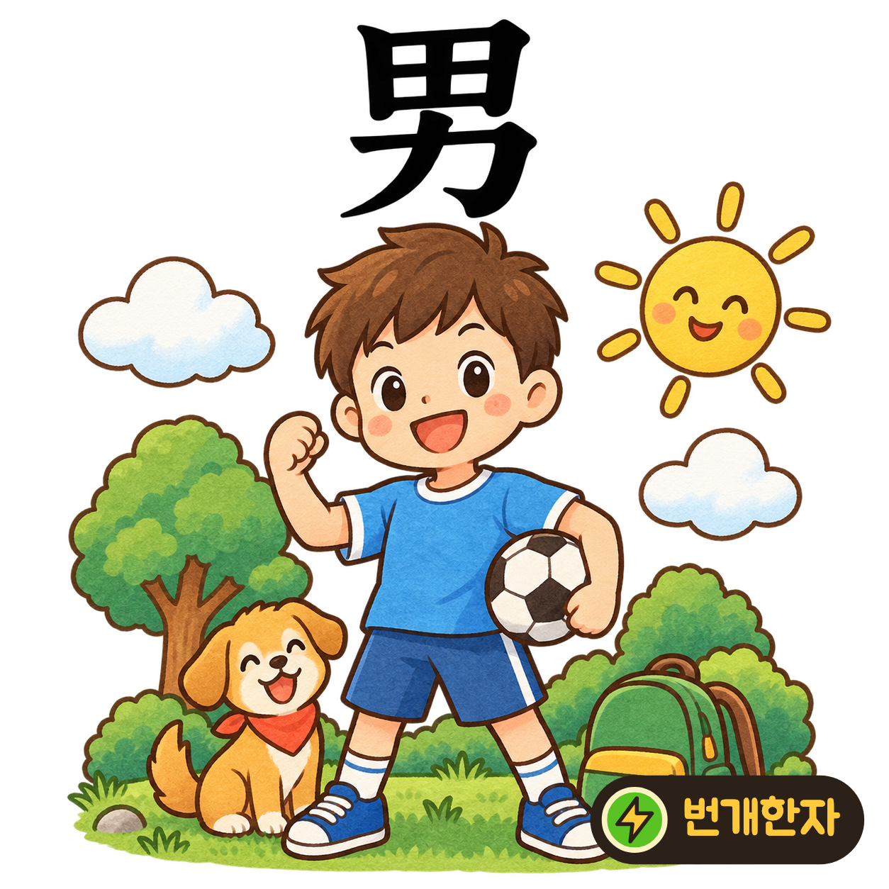 男: 밭 田 아래에 힘 力이 있어요. 밭에서 힘을 써 일하는 남자를 떠올려요. (기억 그림)