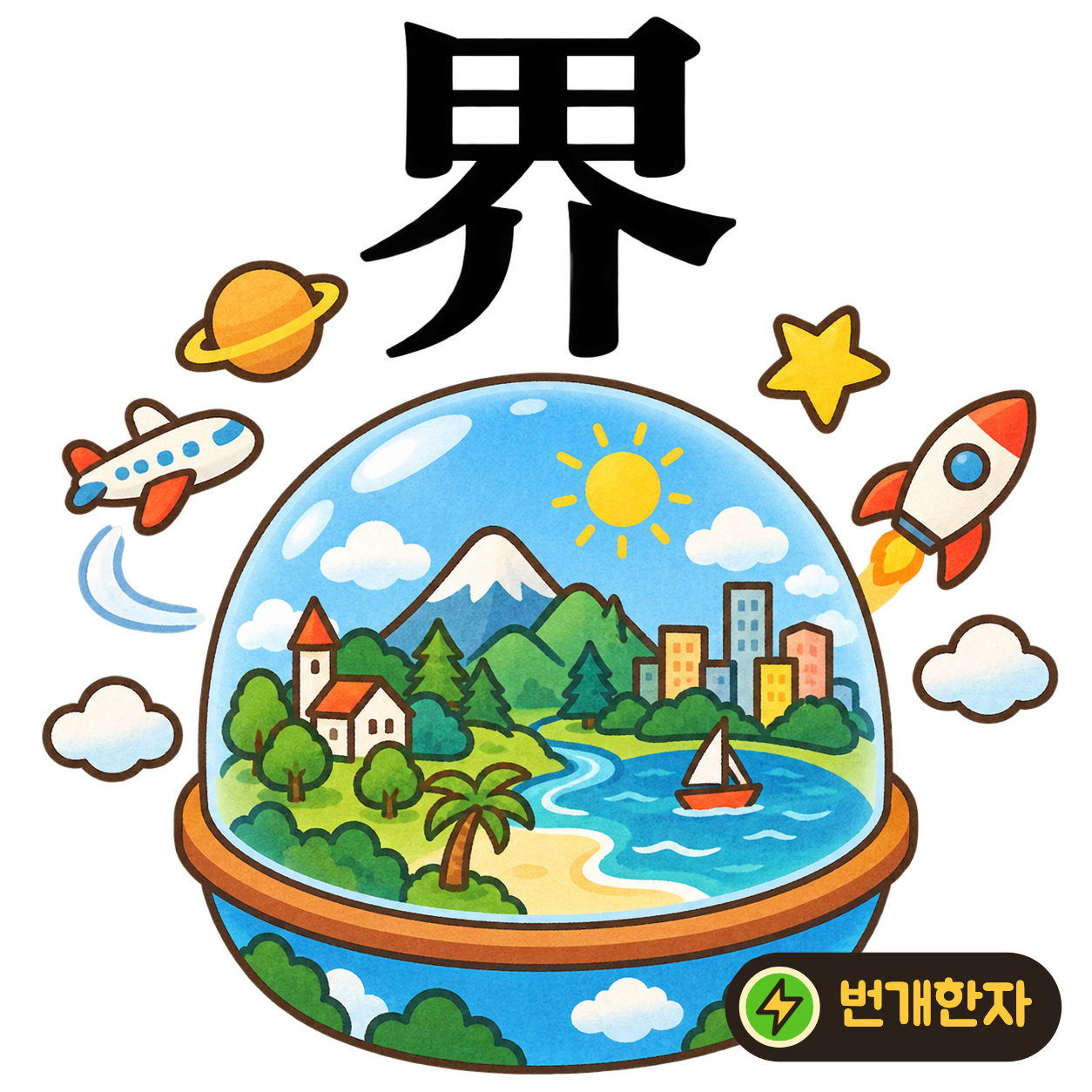 界: 밭 田 아래에 사이 介가 있어요. 이 밭과 저 밭 사이에 그은 경계를 상상해요. (기억 그림)
