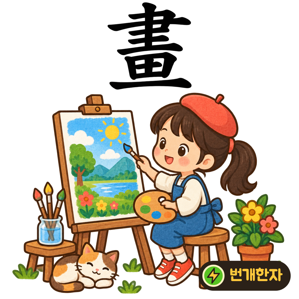 畫: 붓 같은 윗부분 아래에 田과 一이 있어요. 붓으로 네모난 종이에 그림을 그리는 모습이에요. (기억 그림)
