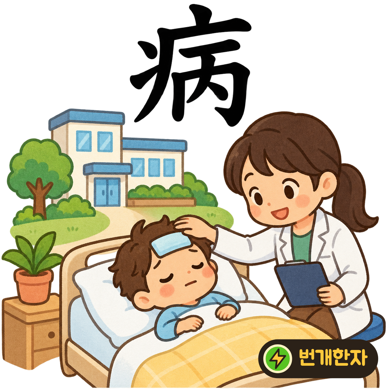 病: 병 모양 疒 안에 丙이 있어요. 이불 아래 누워 아픈 몸을 쉬게 하는 모습을 떠올려요. (기억 그림)