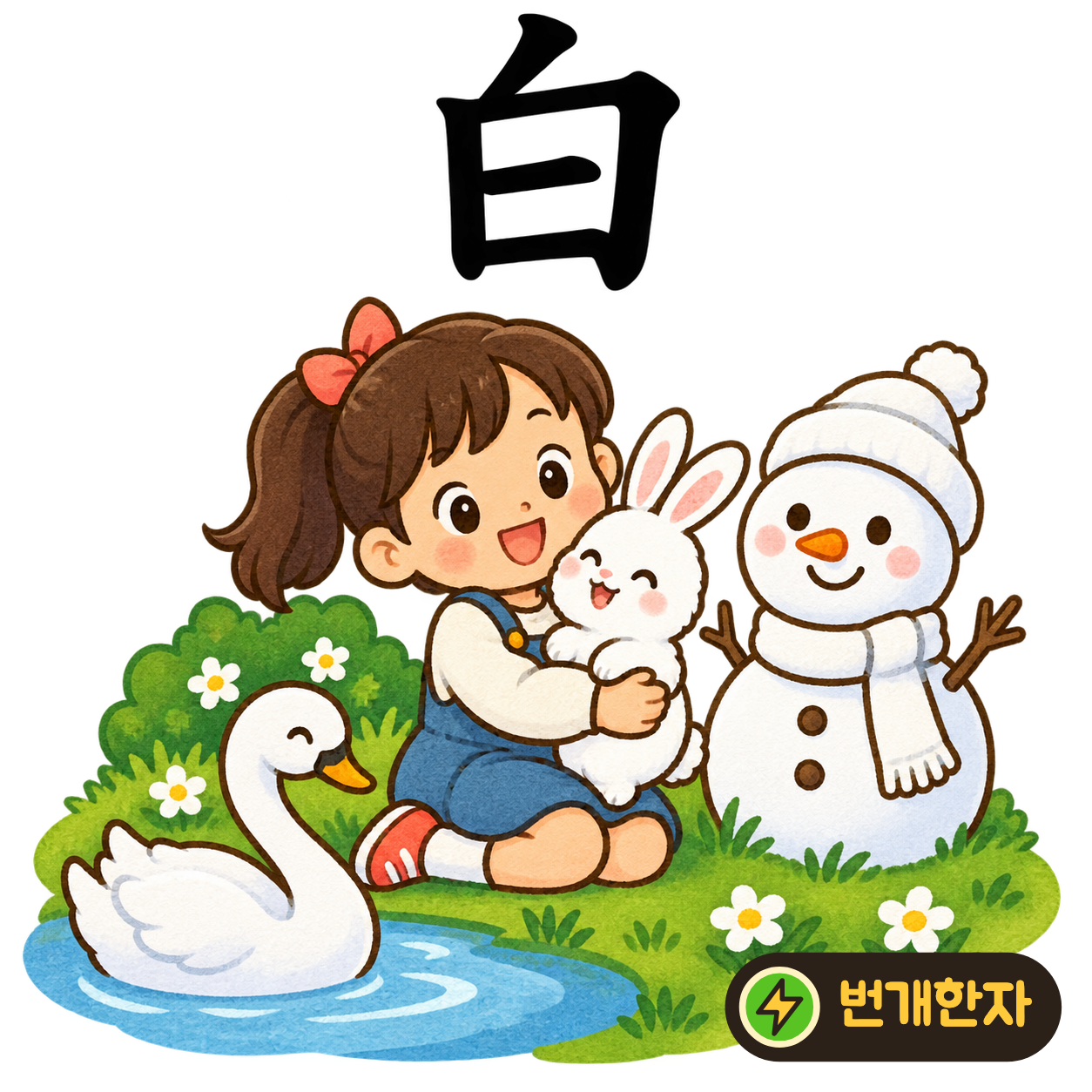 白: 해 日 모양의 위에 짧은 획이 있어요. 햇빛에 하얗게 빛나는 작은 조각을 상상해요. (기억 그림)
