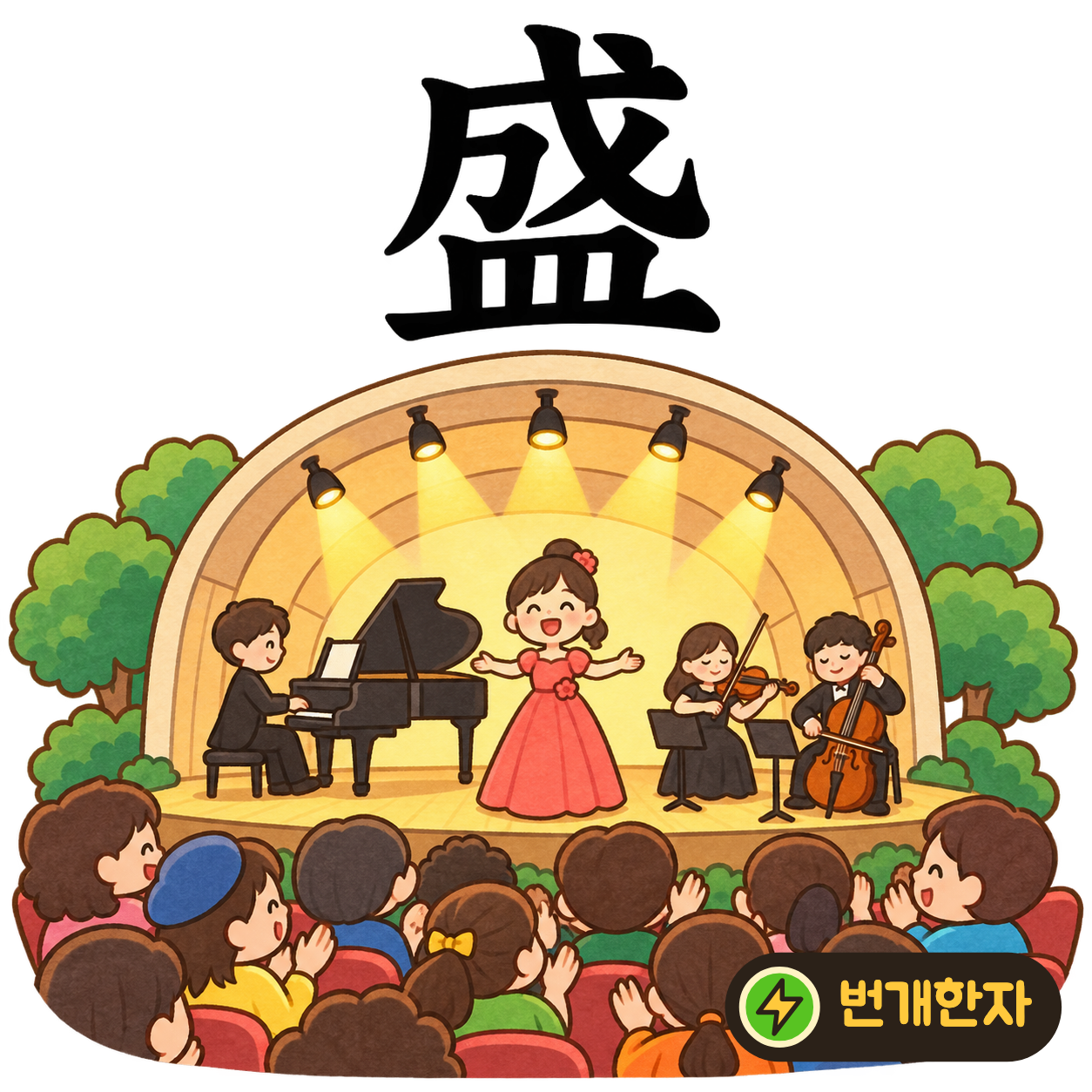盛: 이룰 成 아래에 그릇 皿이 있어요. 그릇이 넘칠 만큼 풍성하게 차 있는 모습을 떠올려요. (기억 그림)