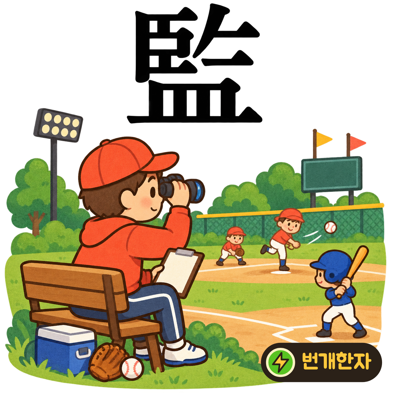監: 윗부분의 여러 획 아래에 그릇 皿이 있어요. 그릇에 비친 모습을 자세히 들여다보는 장면이에요. (기억 그림)