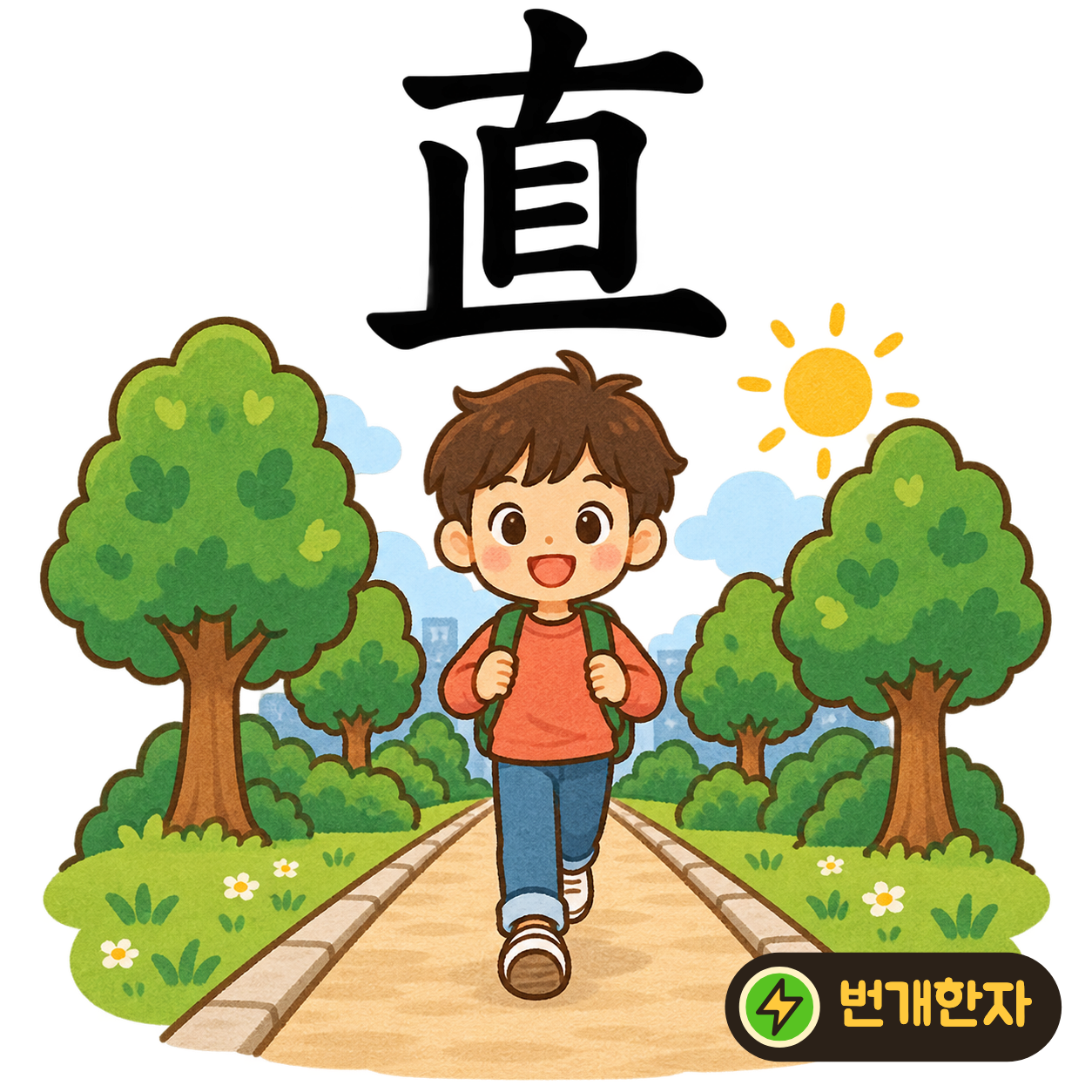 直: 열 十 아래에 눈 目을 닮은 모양이 있어요. 눈으로 곧은 선을 따라 확인하는 모습이에요. (기억 그림)