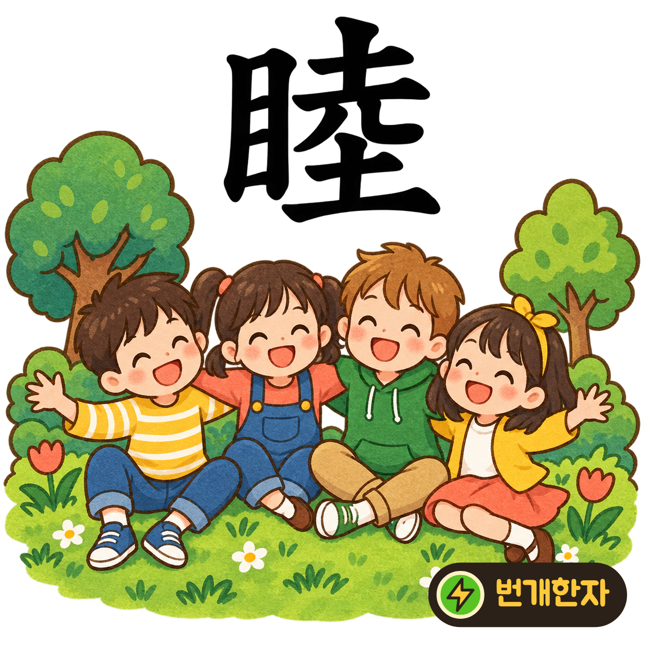 睦: 눈 目 옆에 흙 土가 위아래로 보여요. 이웃과 눈을 맞추고 화목하게 인사해요. (기억 그림)
