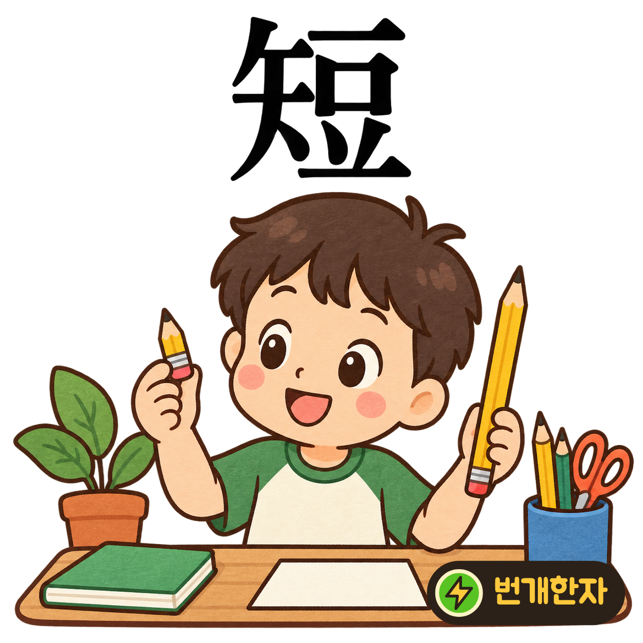 短: 화살 矢 옆에 콩 豆가 있어요. 긴 화살과 짧은 콩을 나란히 놓고 길이를 비교해요. (기억 그림)