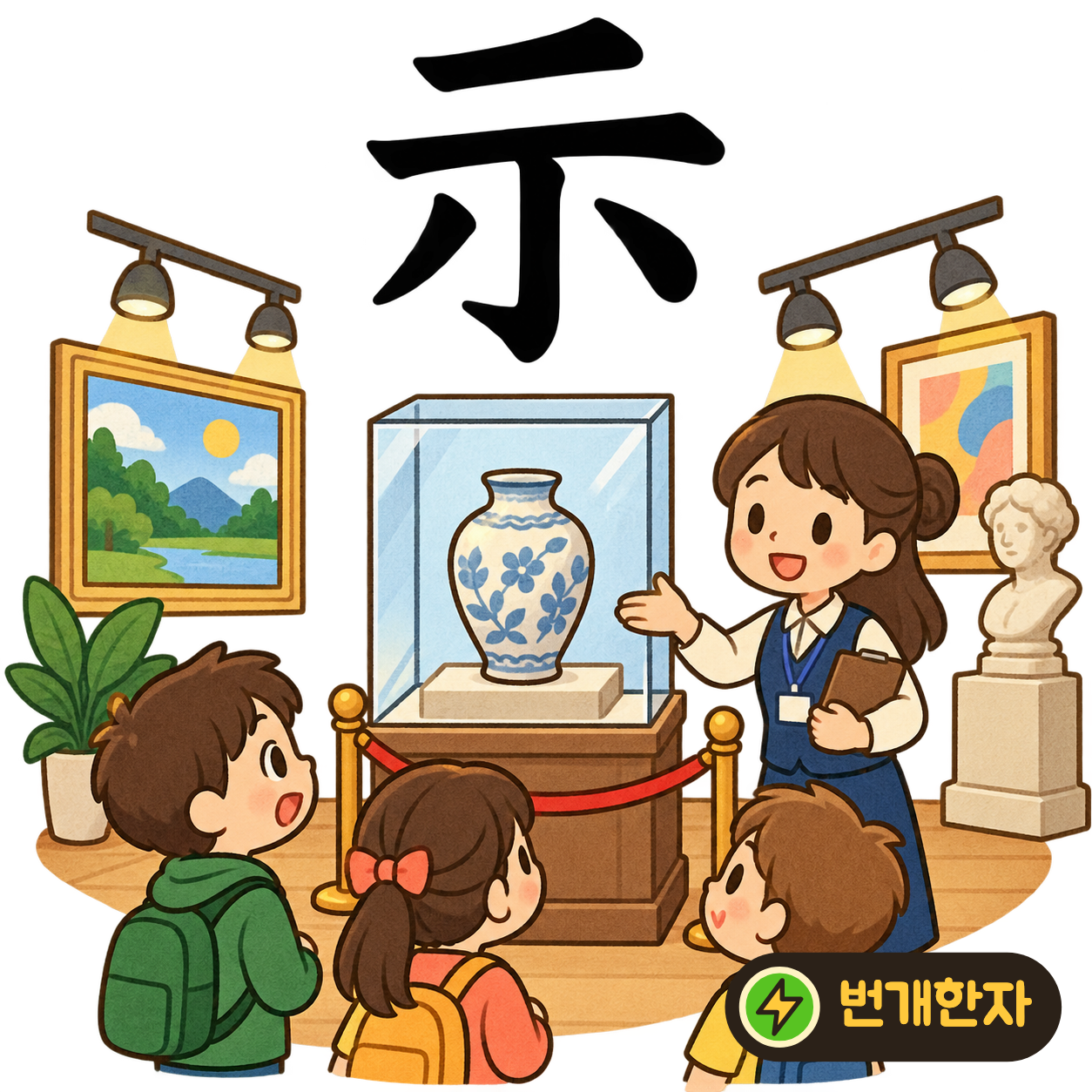 示: 위의 두 가로획 아래로 세 획이 뻗어요. 받침대 위에 물건을 올려 사람들에게 보여 줘요. (기억 그림)