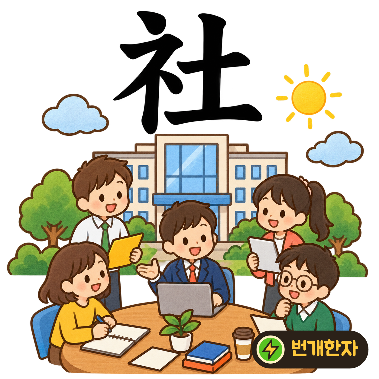 社: 보일 示의 옆모양 礻와 흙 土가 있어요. 땅 위의 한곳에 사람들이 모이는 모습을 상상해요. (기억 그림)