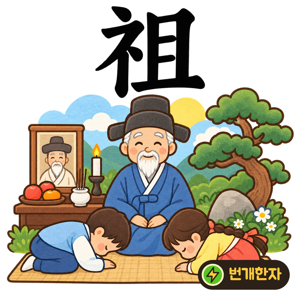 祖: 보일 示의 옆모양 礻와 且가 있어요. 가족 모임의 높은 자리에 할아버지가 앉는다고 상상해요. (기억 그림)