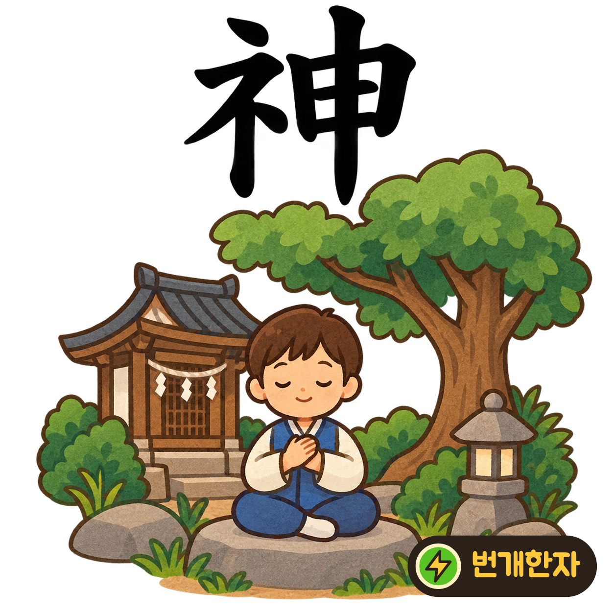 神: 보일 示의 옆모양 礻와 펼 申이 있어요. 보이지 않는 신비한 힘이 길게 퍼진다고 상상해요. (기억 그림)