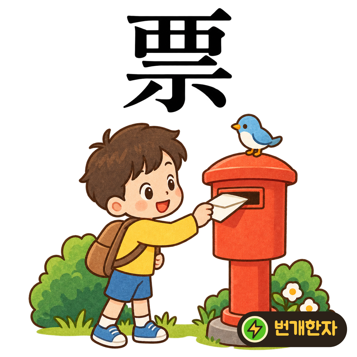 票: 윗부분 覀 아래에 보일 示가 있어요. 손에 든 표를 보여 주고 입장하는 장면이에요. (기억 그림)
