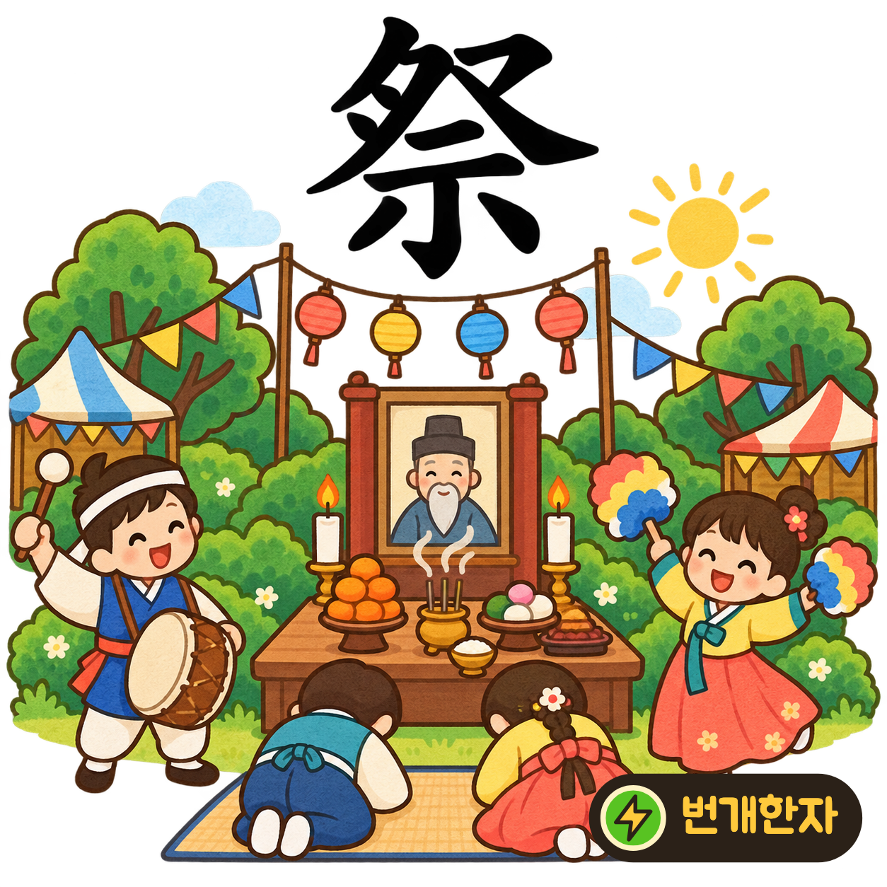 祭: 윗부분 아래에 보일 示가 있어요. 상 위에 음식을 차리고 조상을 기리는 제사를 떠올려요. (기억 그림)