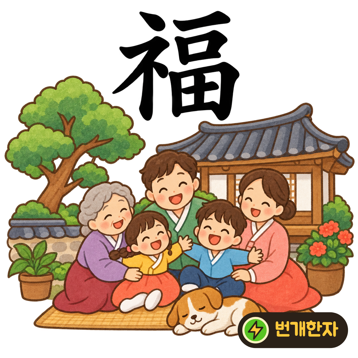 福: 보일 示의 옆모양 礻 옆에 一, 口, 田이 보여요. 먹을 것과 밭이 넉넉한 복을 떠올려요. (기억 그림)